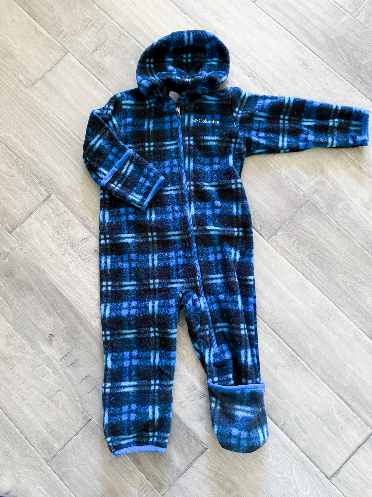 Columbia- 18-24m- GUC- blue plaid fleece bunting suit