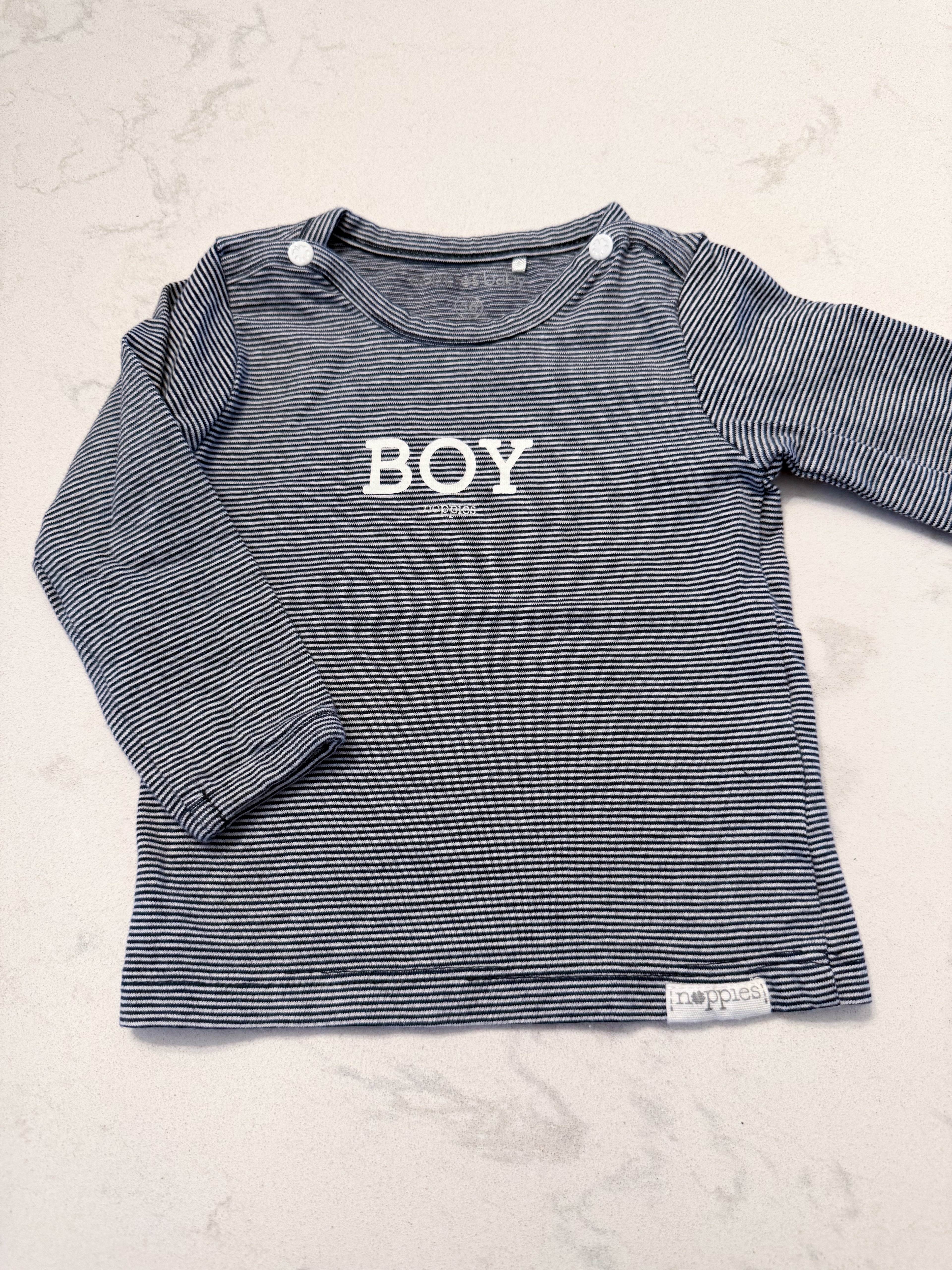 Noppies- 1-3m- VGUC- thin striped long sleeve shirt with “boy”