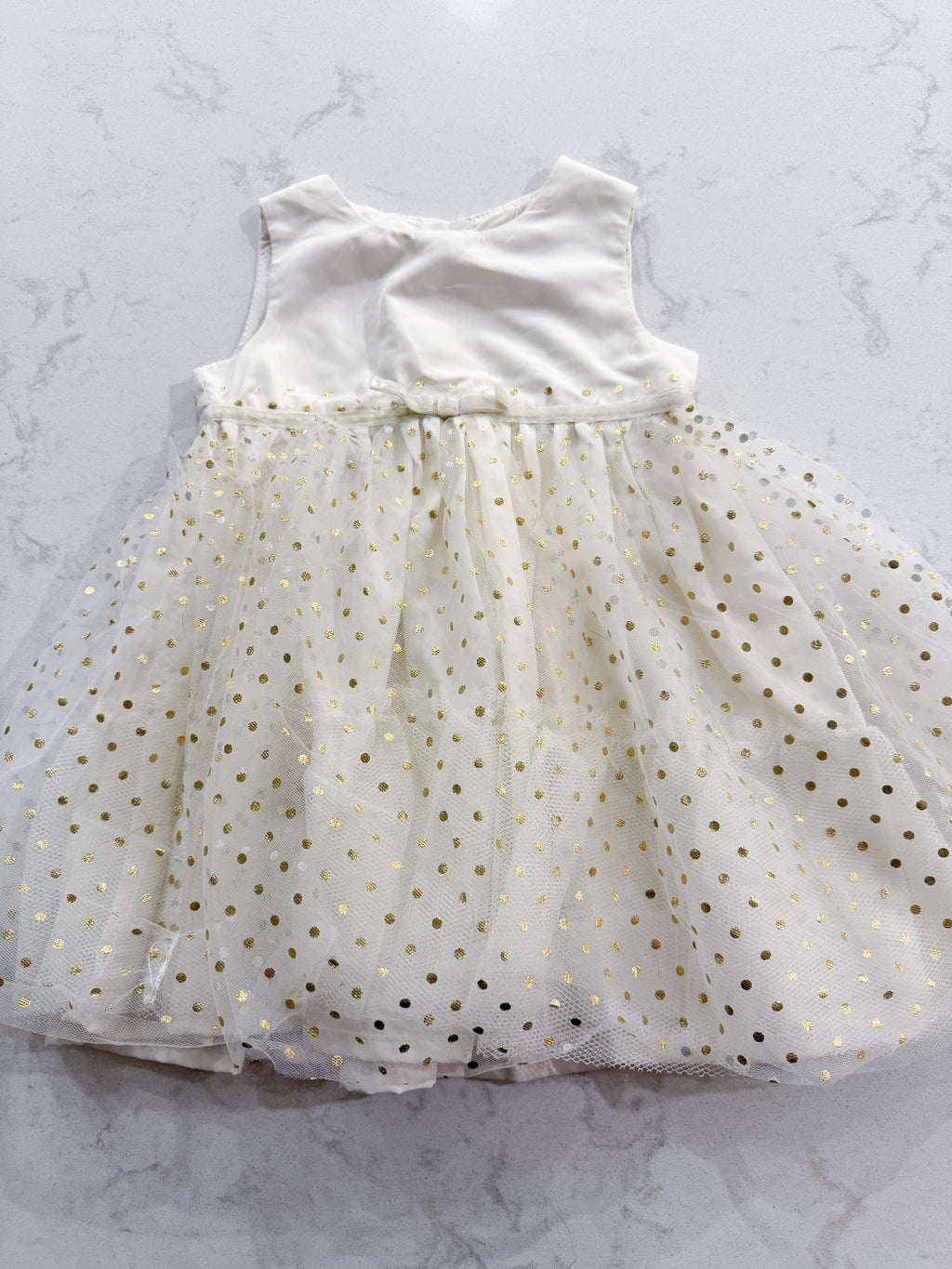 Carter’s- 12m- GUC- cream coloured tulle gold polka dot sparkle dress