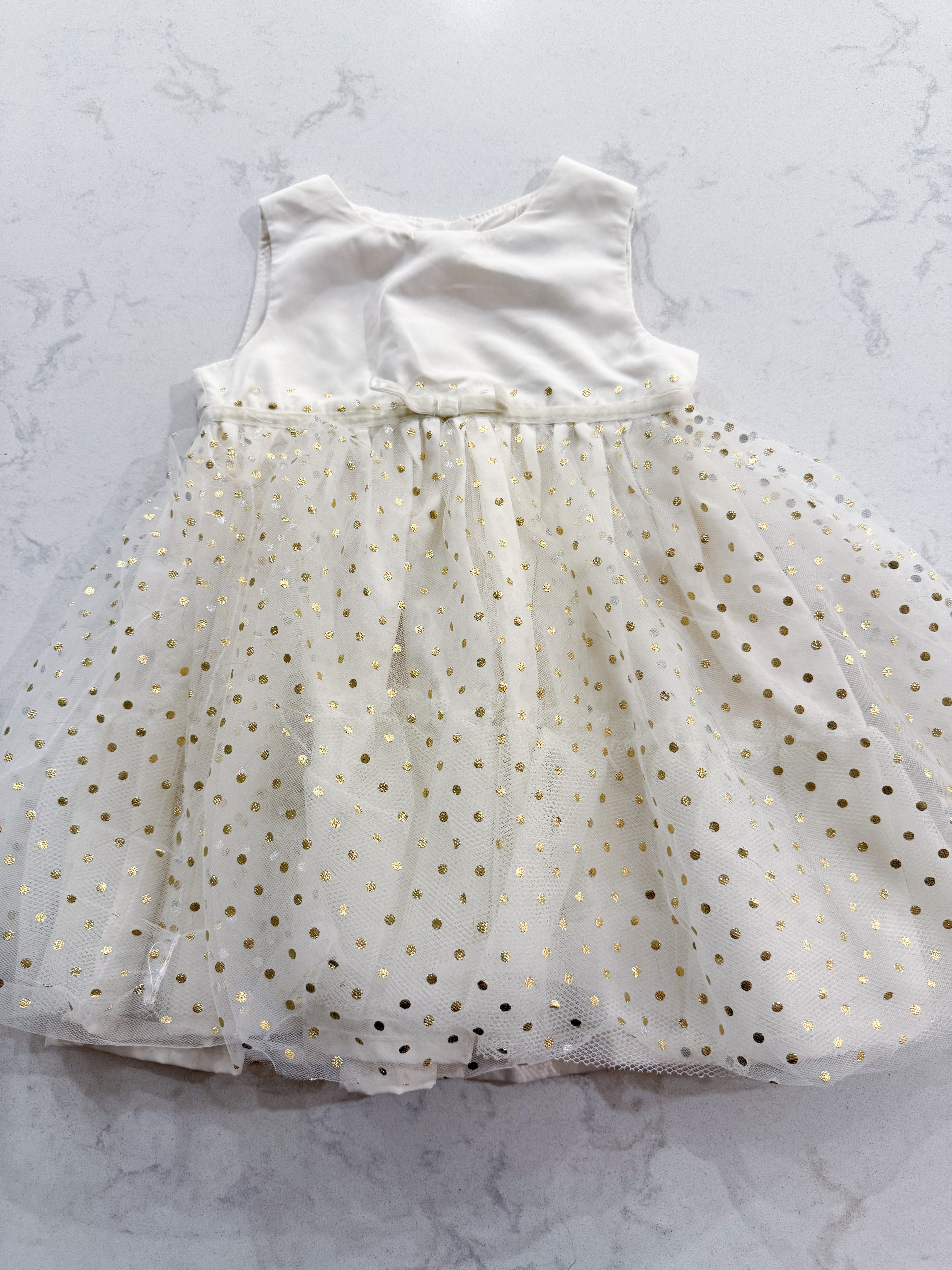 Carter’s- 12m- GUC- cream coloured tulle gold polka dot sparkle dress
