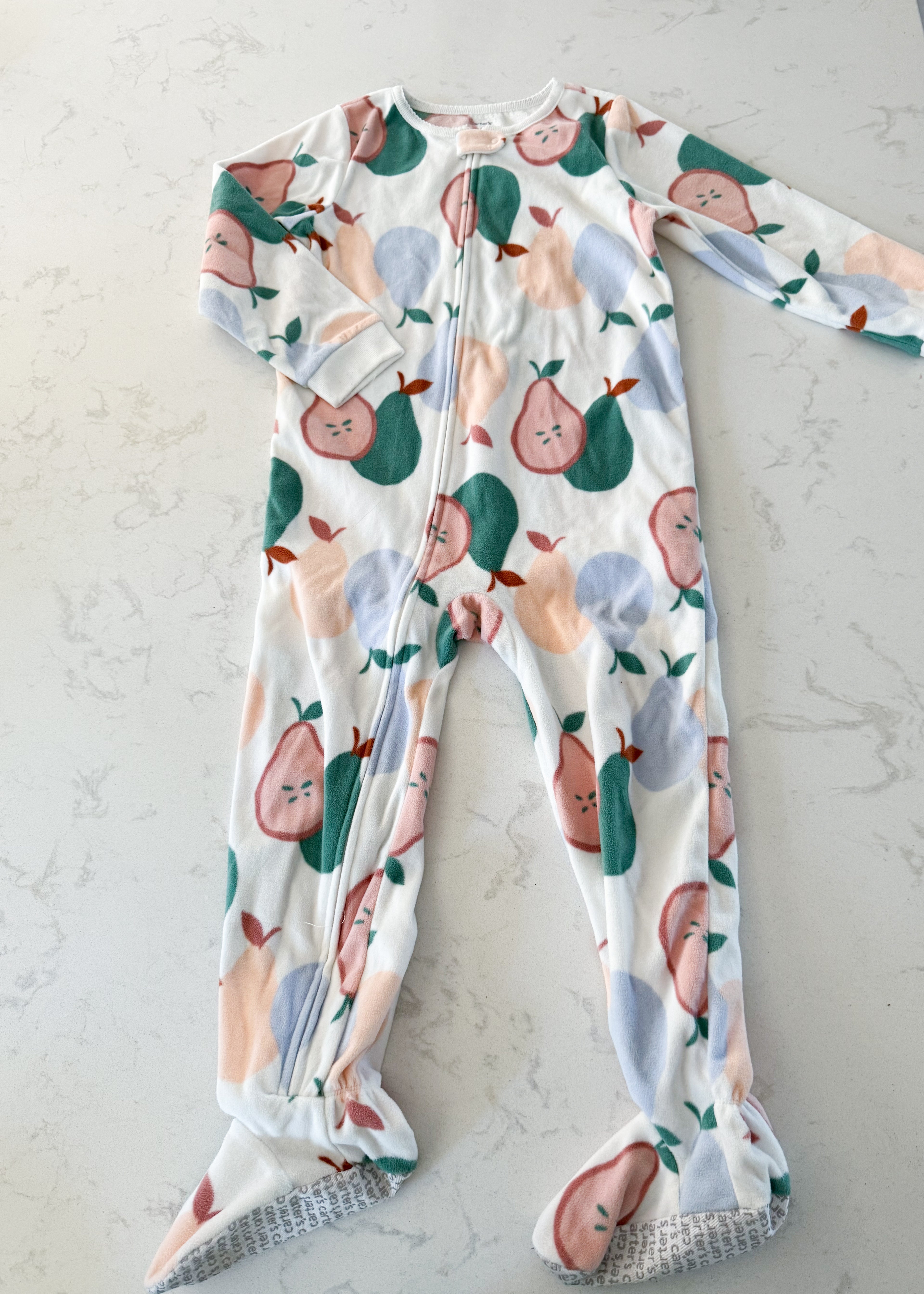 Carter’s-5T-VGUC- fleece footie zip jammies with fruit