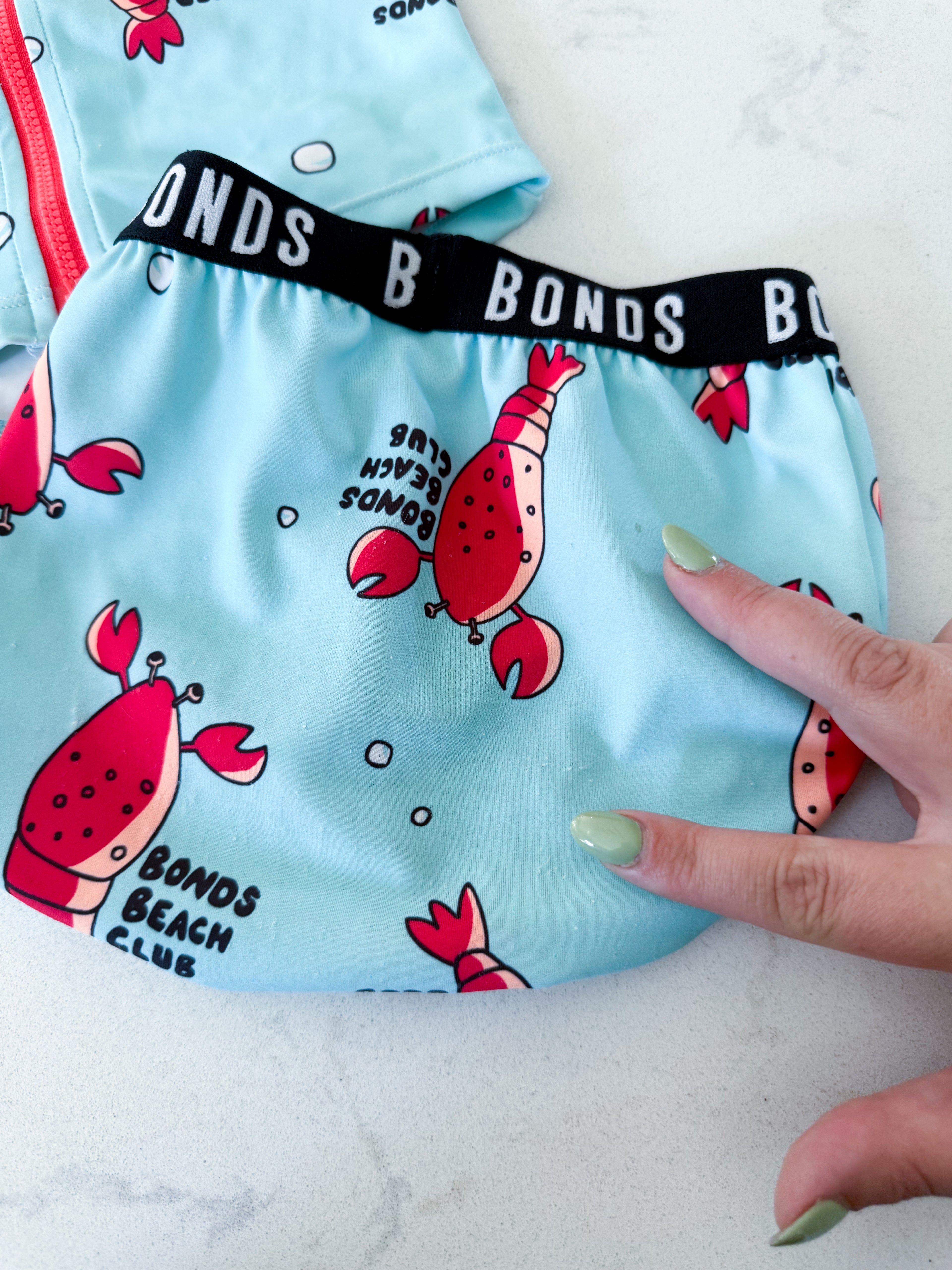 BONDS- 12-18m- PLAY- bright blue two piece swim suit with lobster graphics