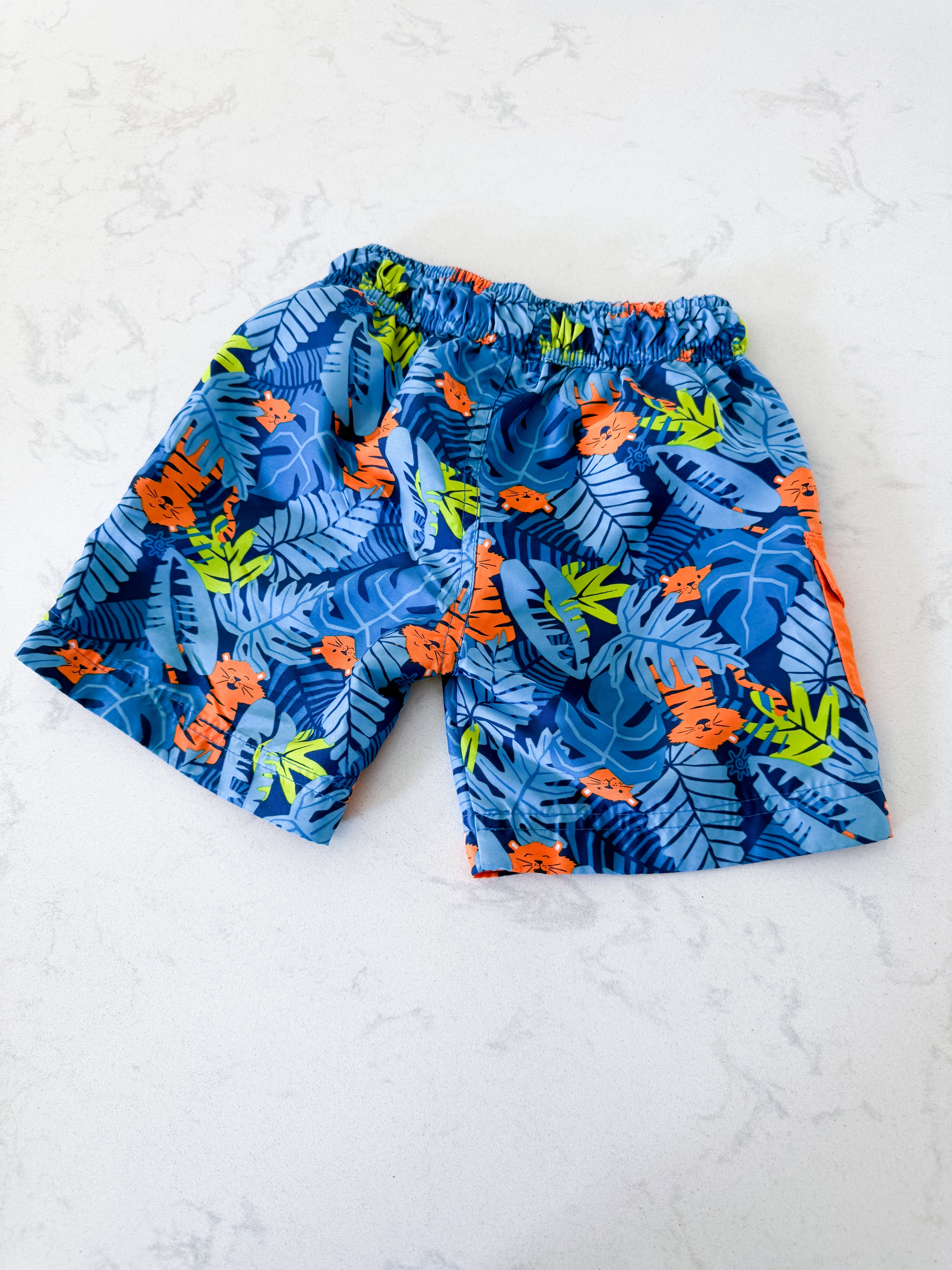 UV Skinz- 2T- VGUC- blue tropical leaf swim trunks with orange tigers
