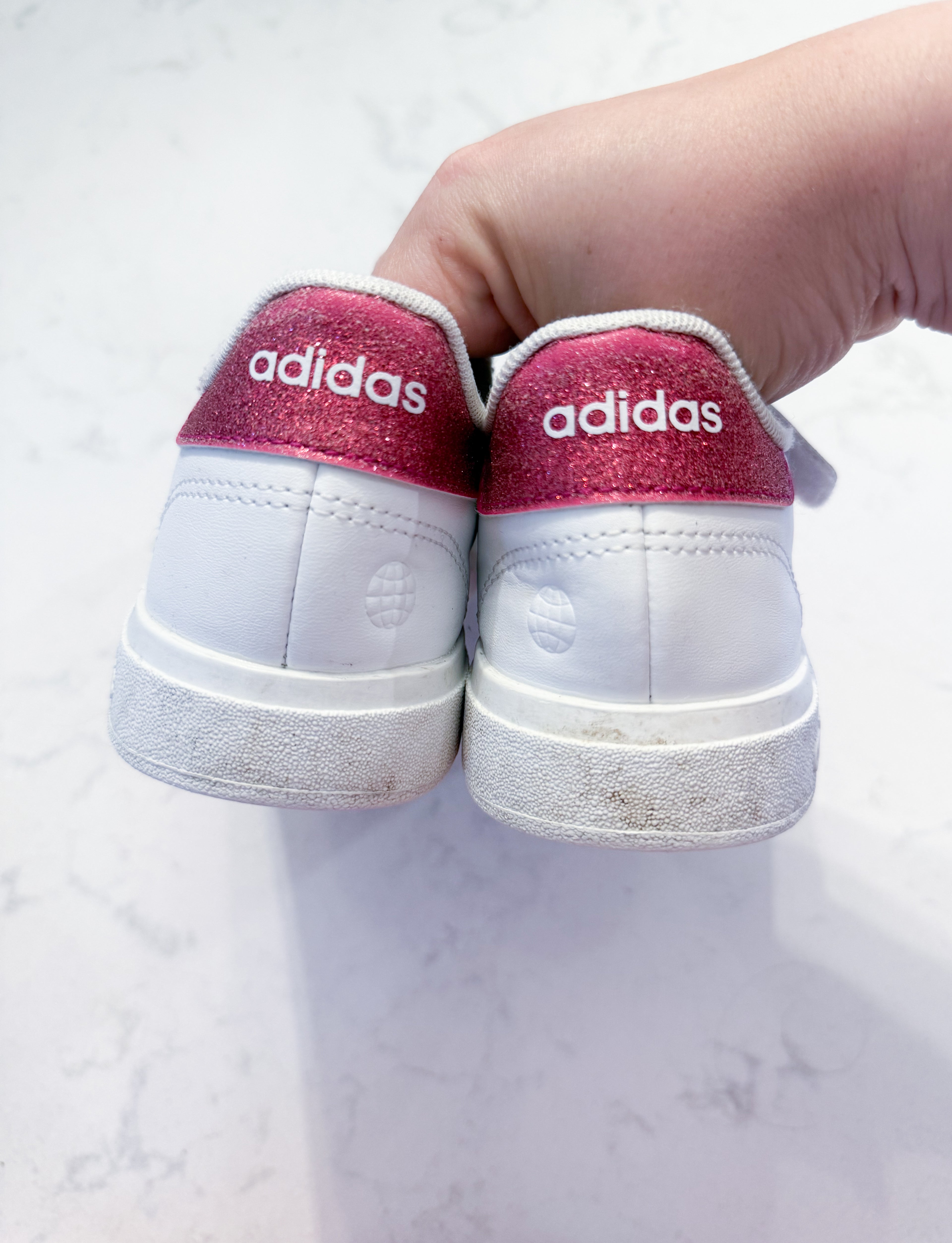 Adidas- 3Y- PLAY- white shoes with sparkly pink accents and Velcro strap