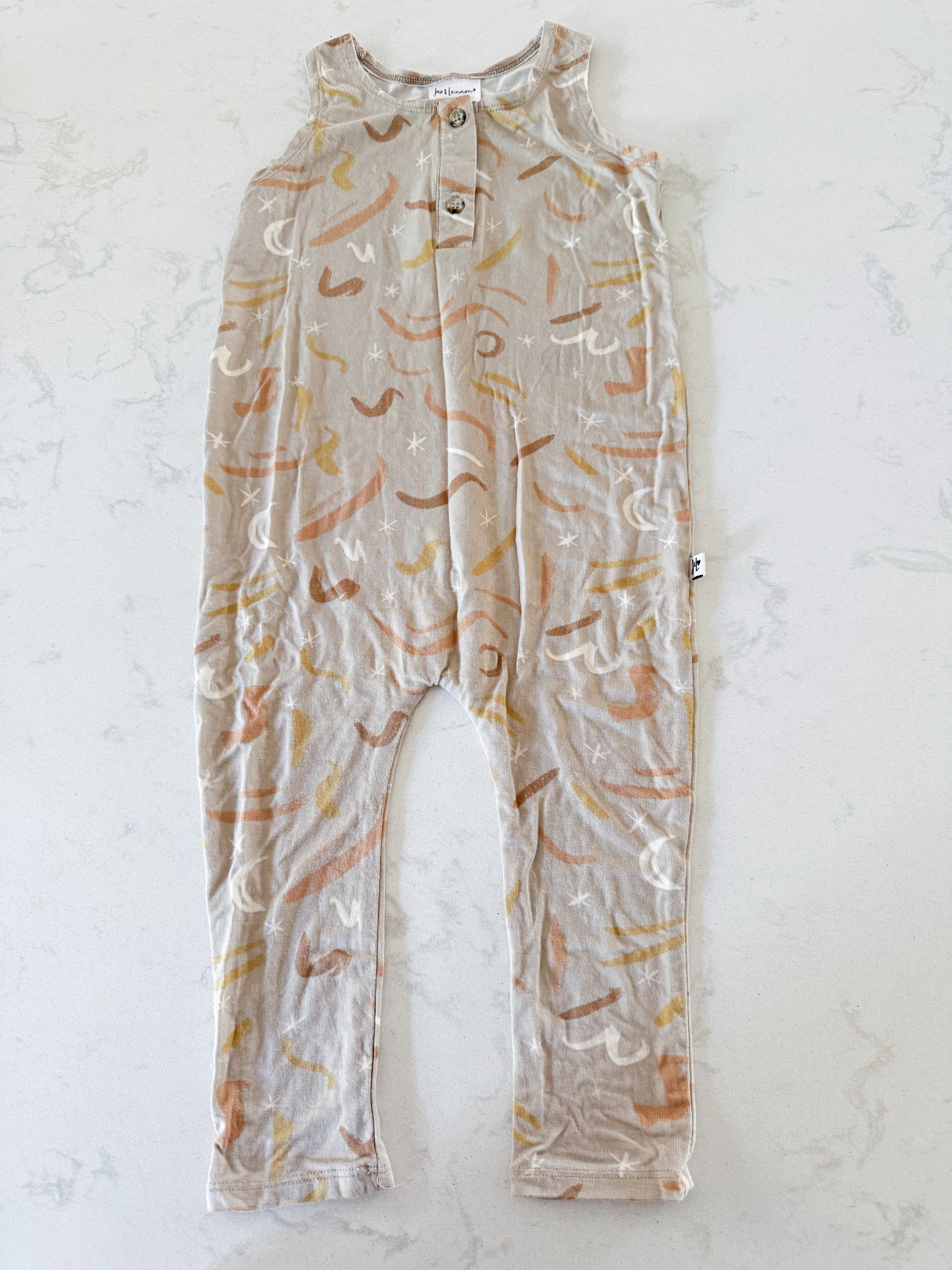 Jax and Lennon- 12-18m- VGUC- greyish beige tank romper with brown squiggles