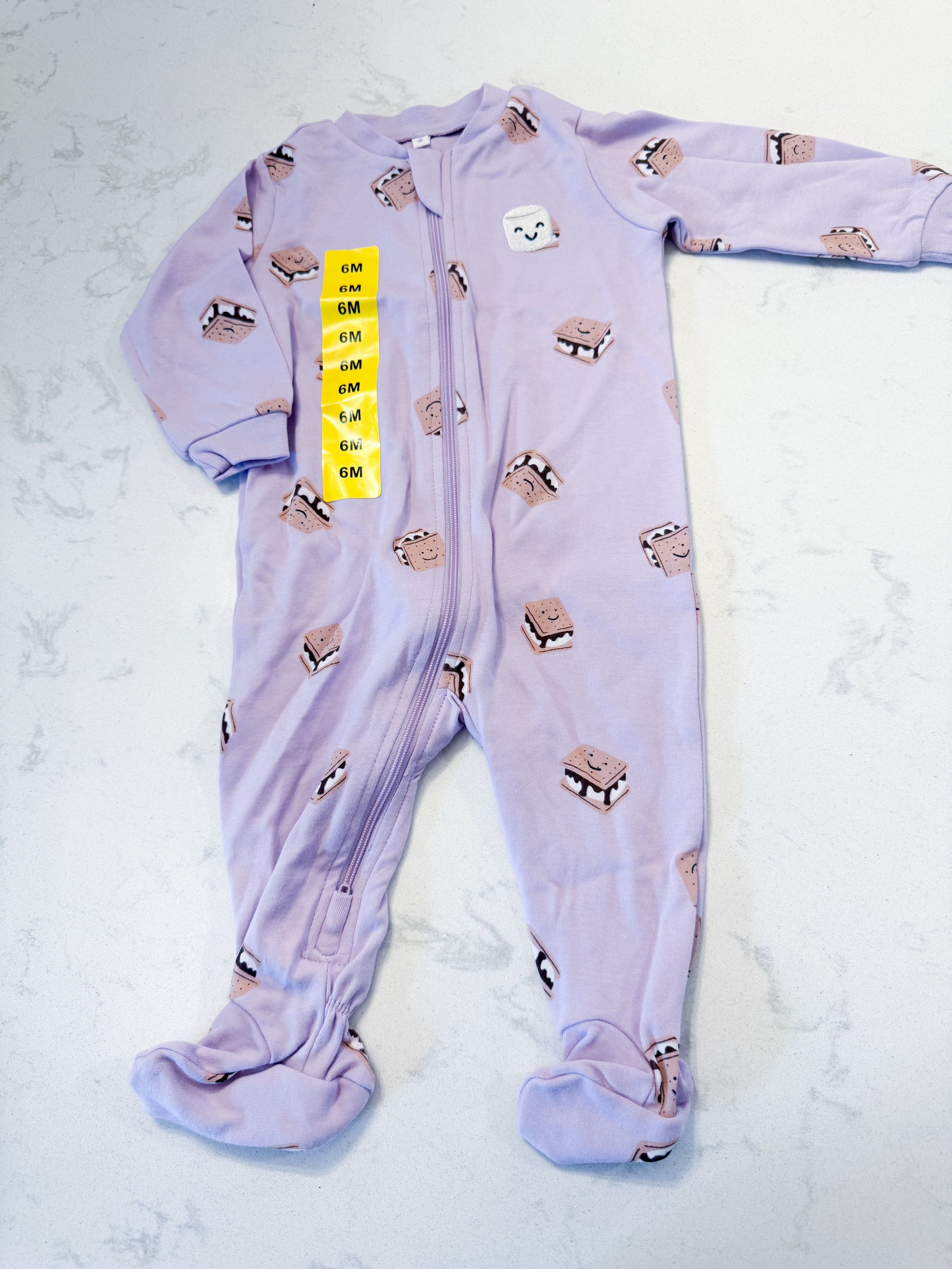 Pekkle- 6m- BNWOT- purple footie pajamas with s’mores pattern