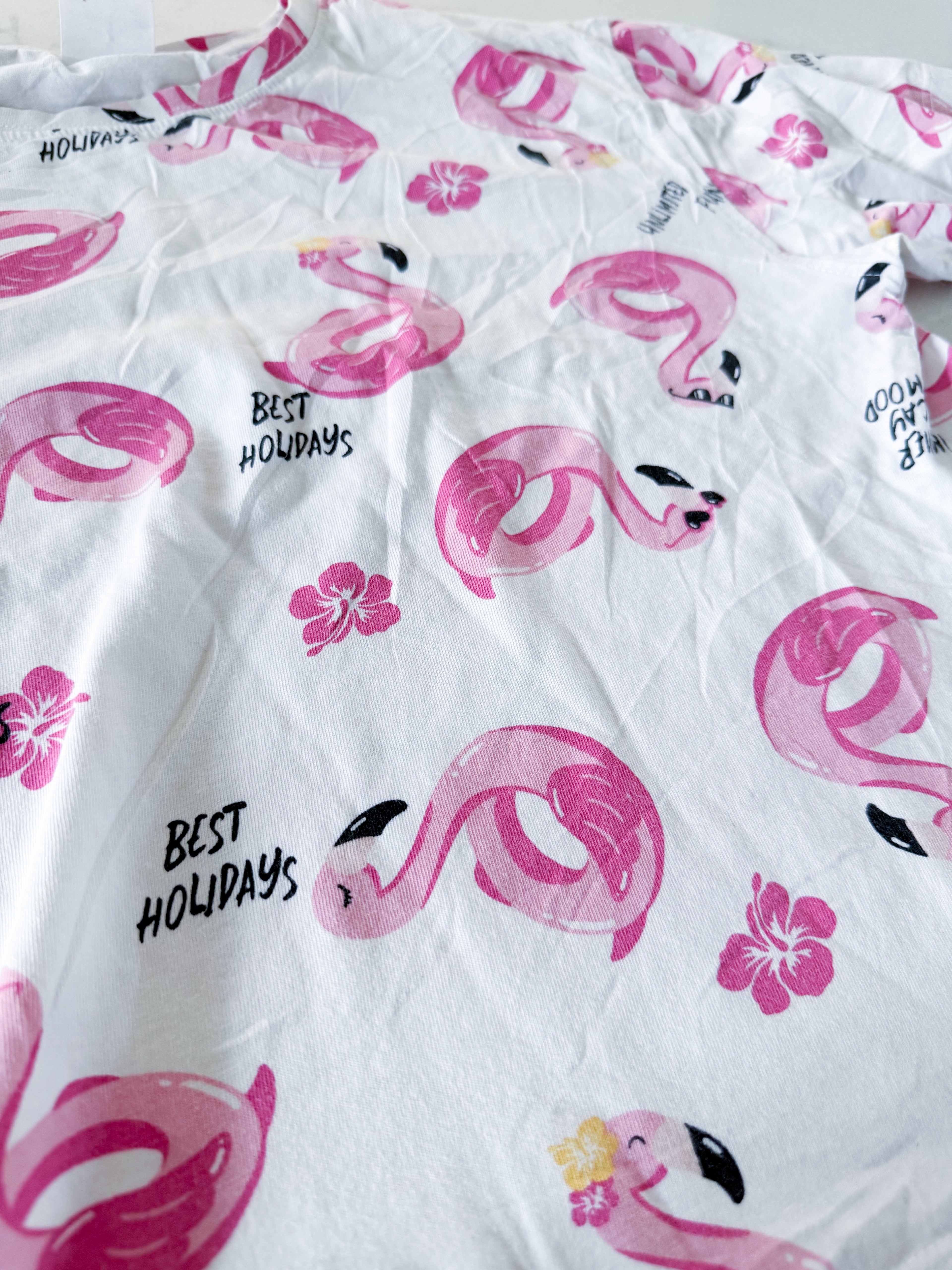 Zara- 11-12Y- PLAY- white short t shirt with pink flamingo patterns