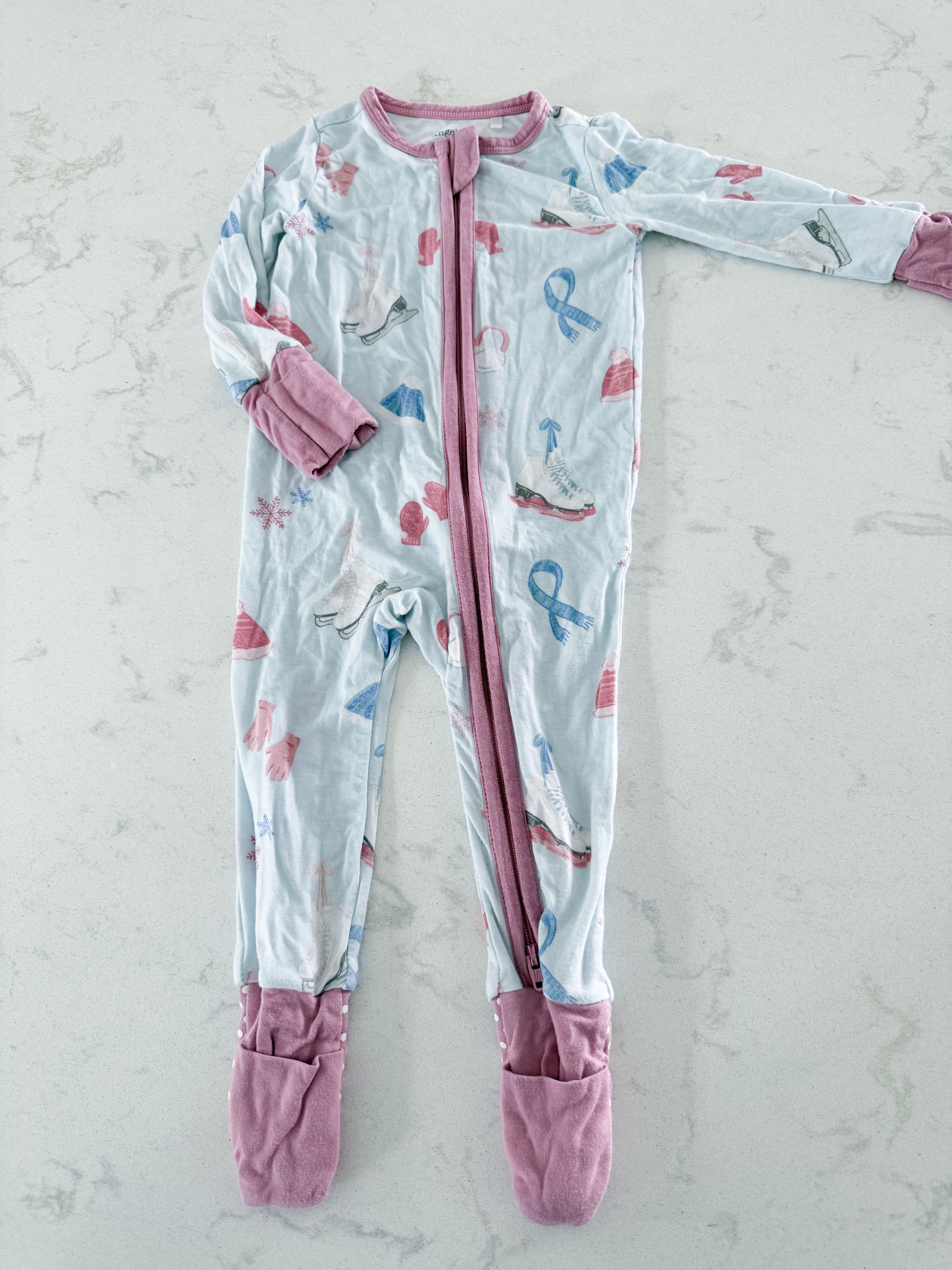 Angel Dear- 3-6m- VGUC- purple and ice blue winter bamboo footless pajamas with skates and fold over feet and hands