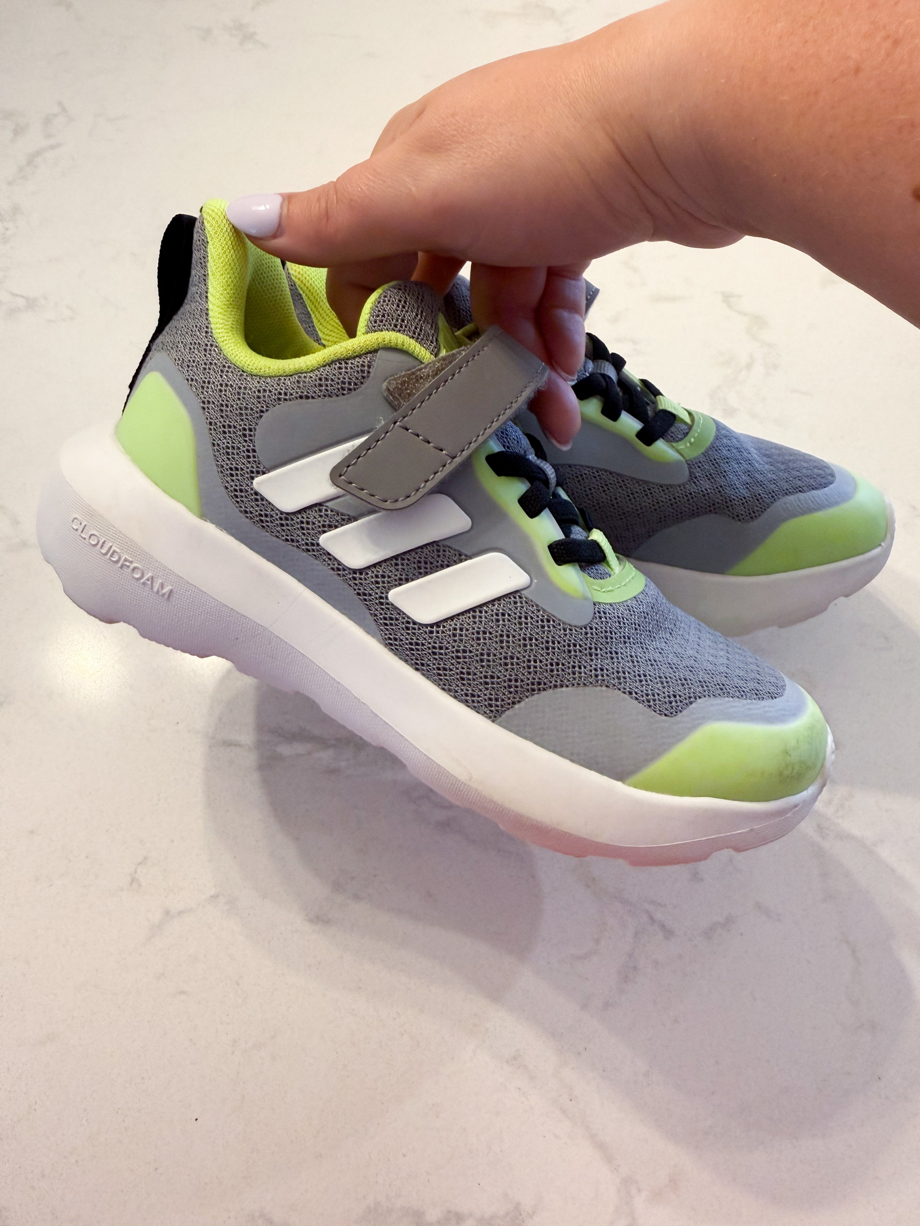 Adidas- 13C- VGUC- light neon green and Grey shoes with elastic laces and straps
