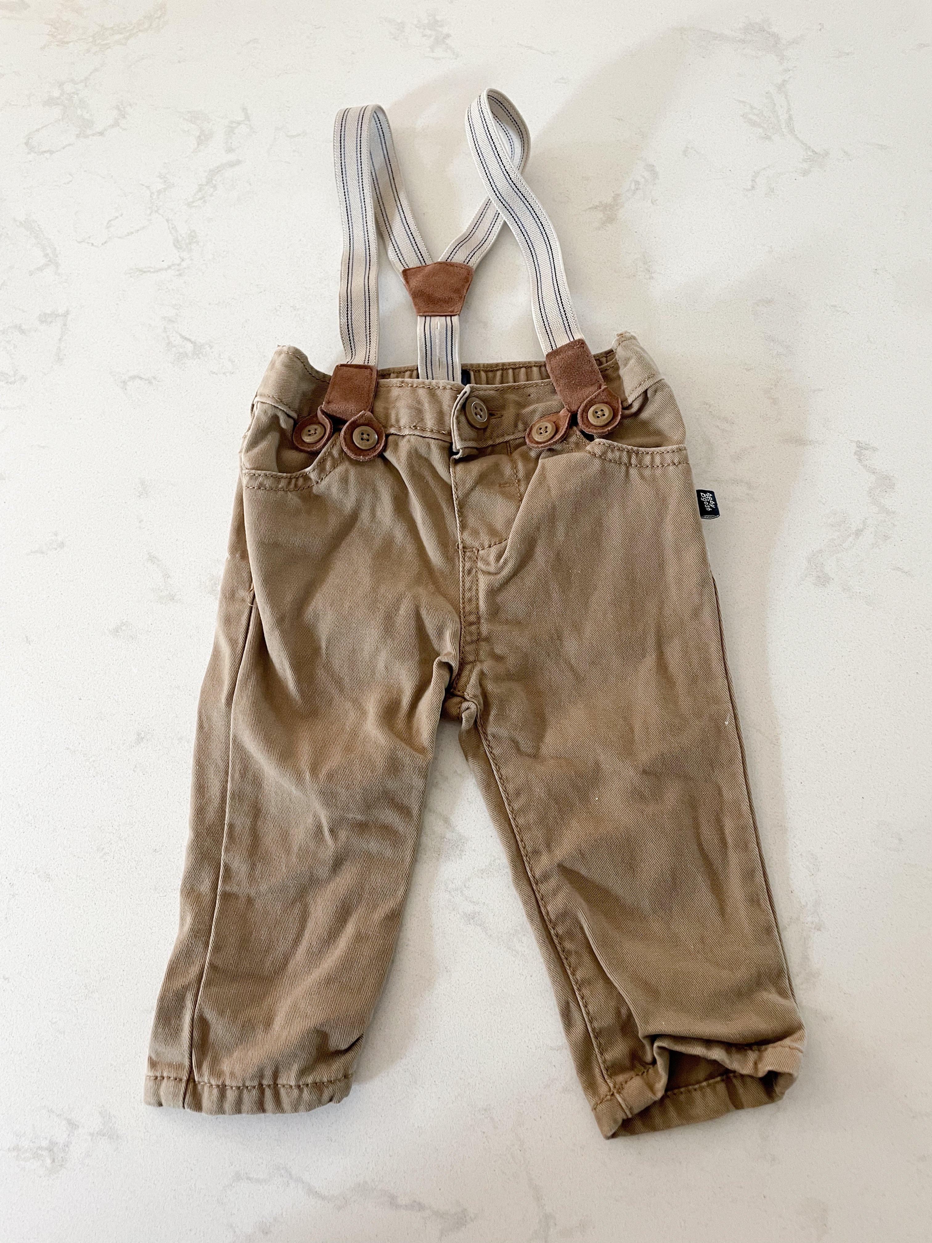 Baby B’gosh-6m-GUC- tan khakis with suspenders