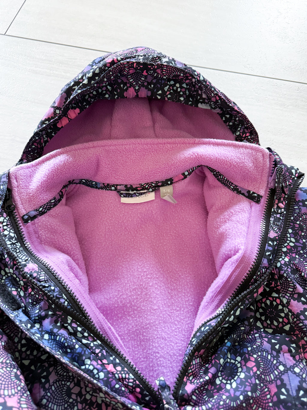 The Children’s Place- 5-6Y- GUC- purple patterned multi layered coat