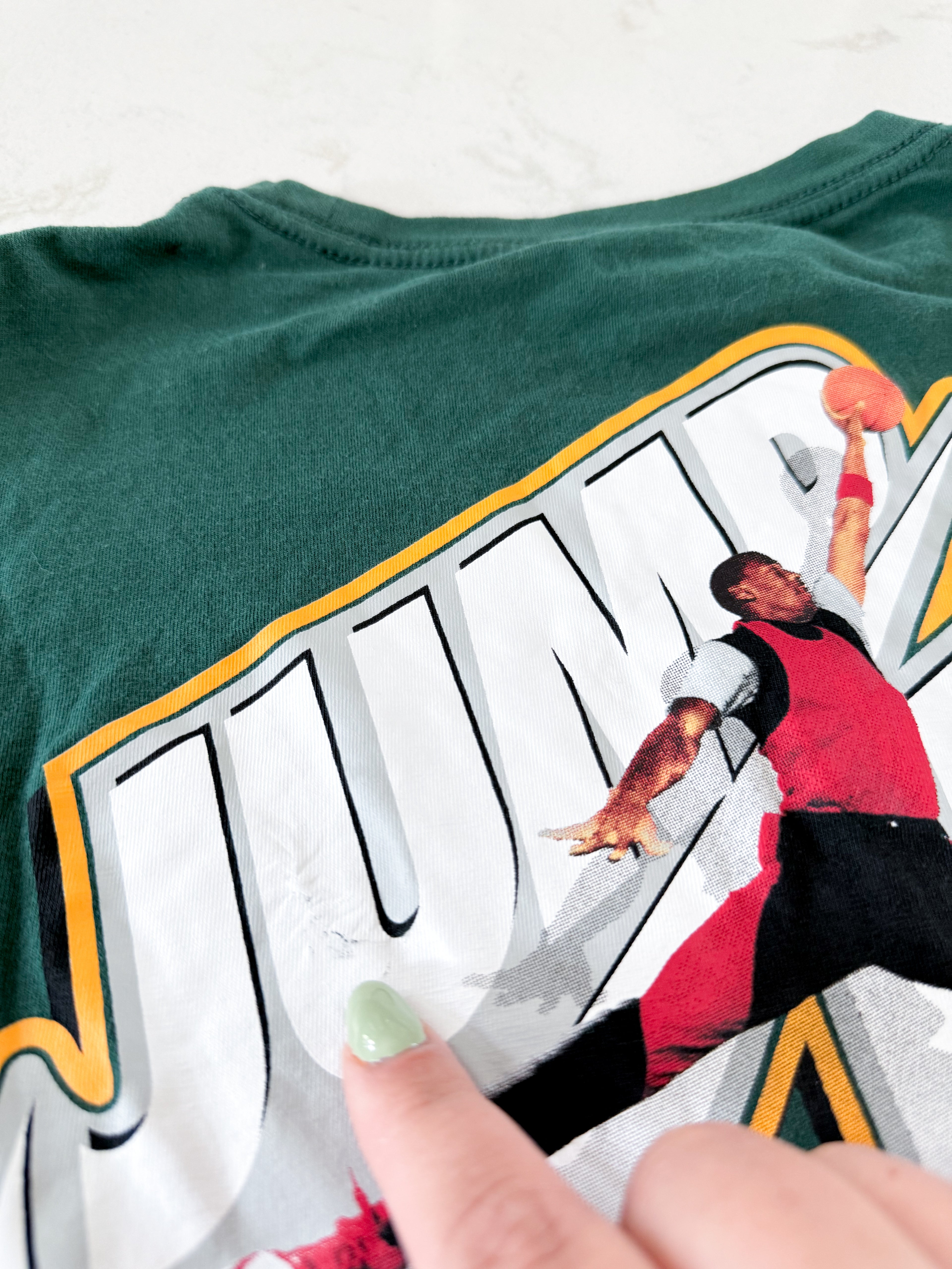 Air Jordan- 12-13Y- PLAY- Forest green long sleeve shirt with jump man Air Jordan logo on back and front