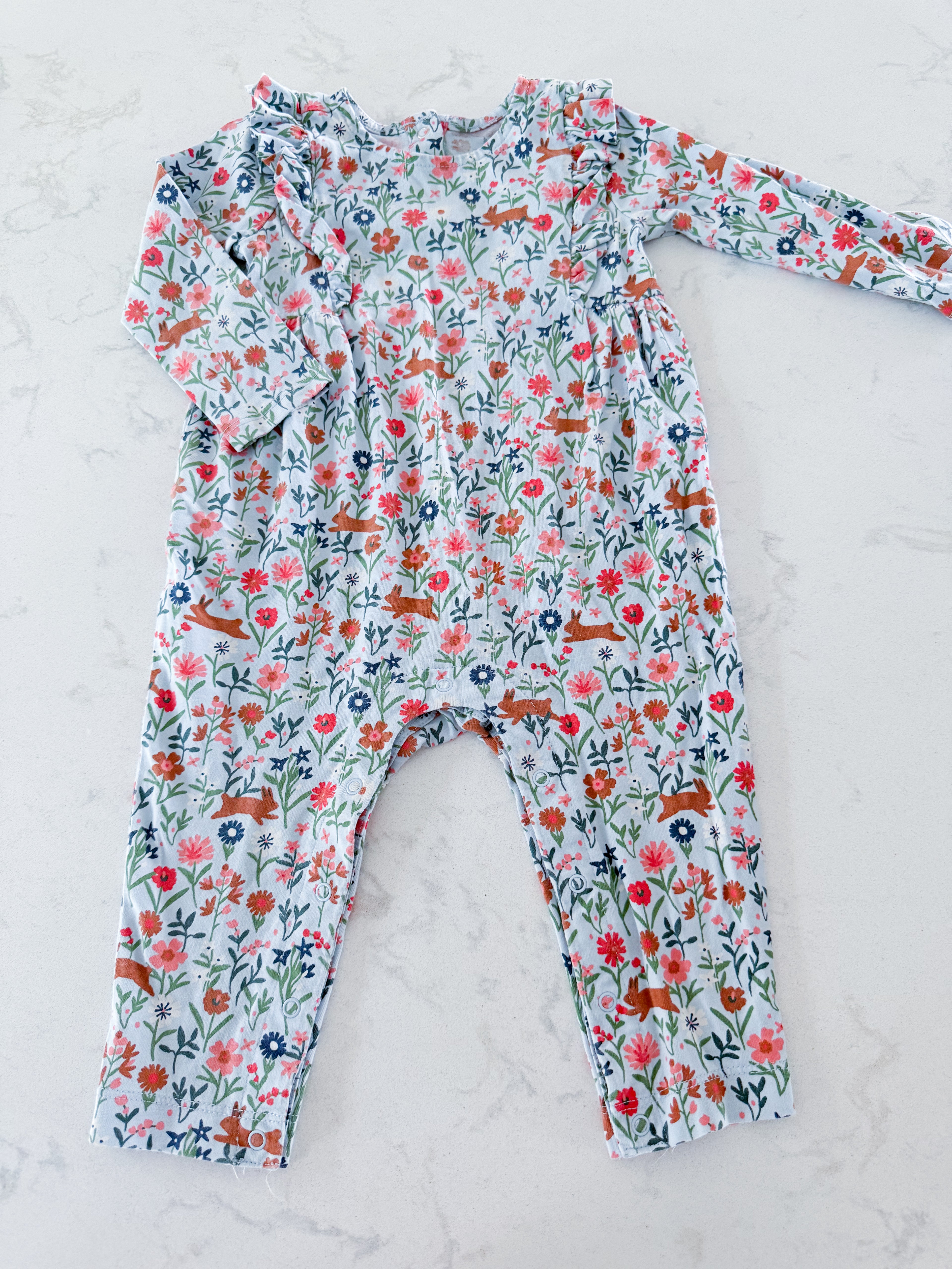 Tea- 9-12m- VGUC- light blue spring pattern long sleeve romper