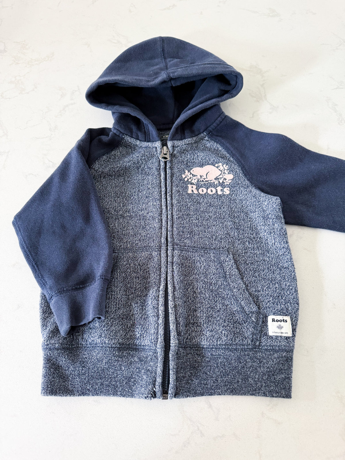 Roots- 2T- GUC- navy blue two tone speckled zip up hoodie with pink logo