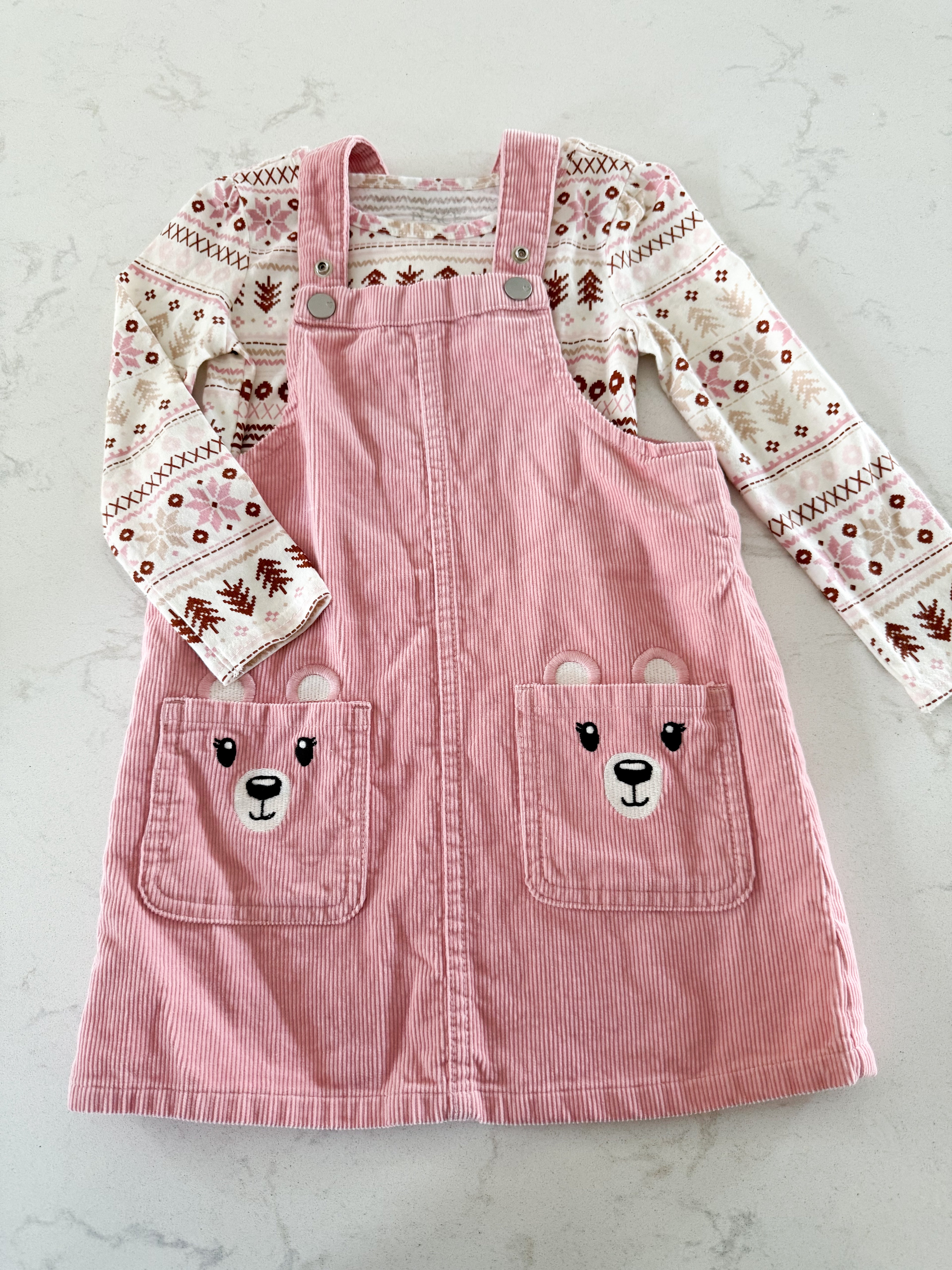 The Children’s Place- 3T- VGUC- corduroy pink overall dress with winter pattern bodysuit