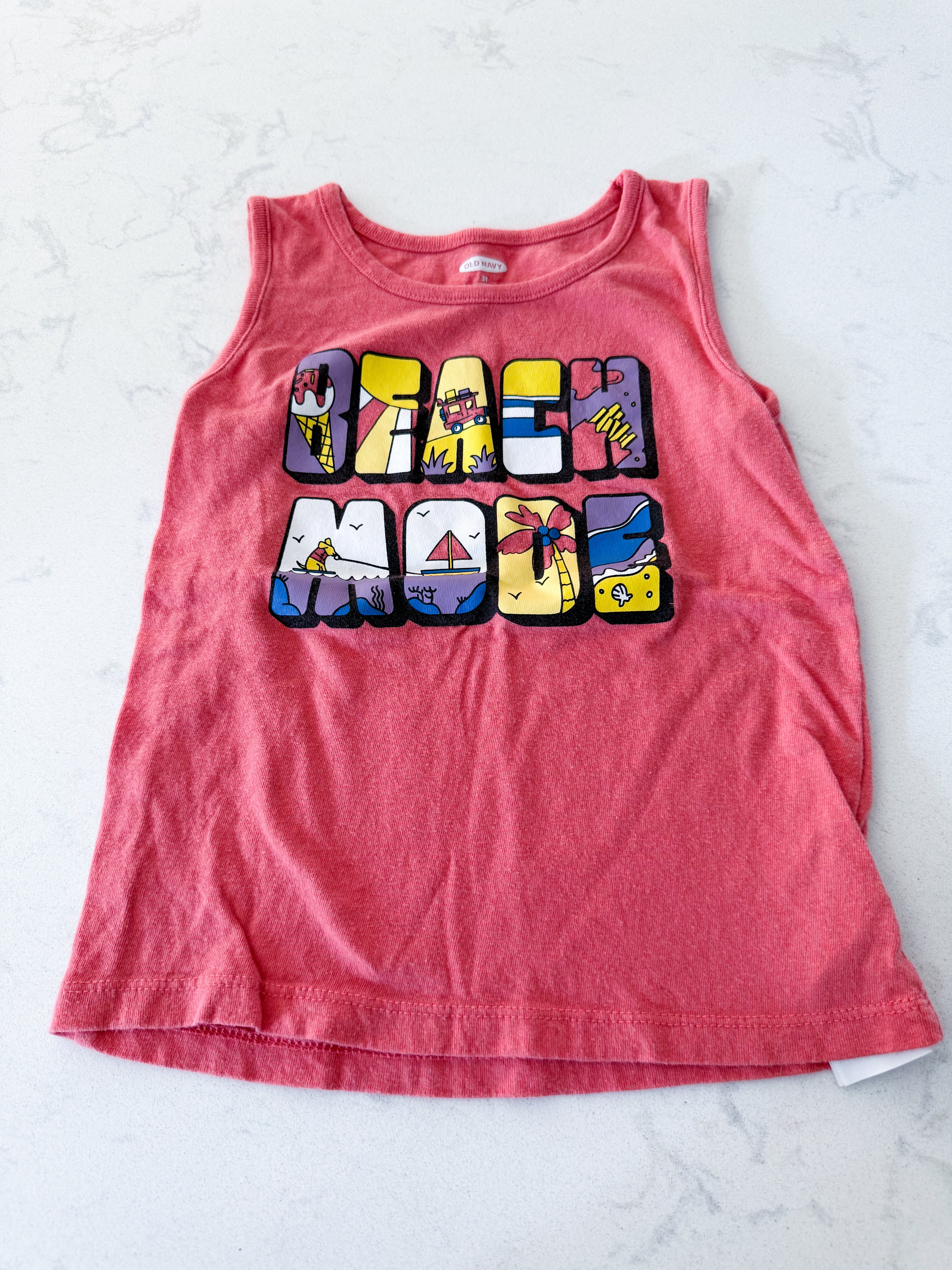 Old Navy- 3T- GUC- orangey red tank with beach mode graphic