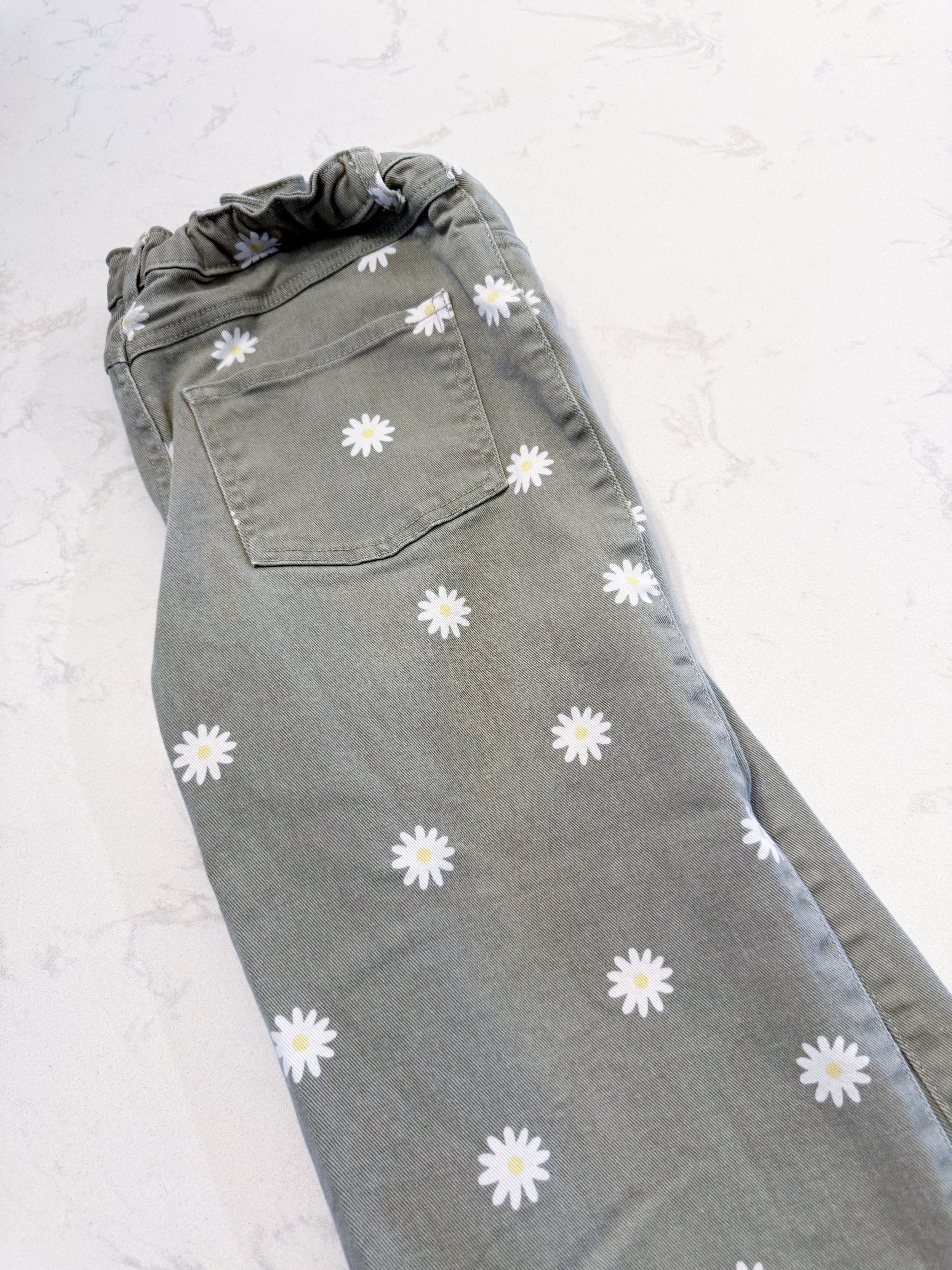 George- 14Y- PLAY- sage green jeans with adjustable waist and daisies