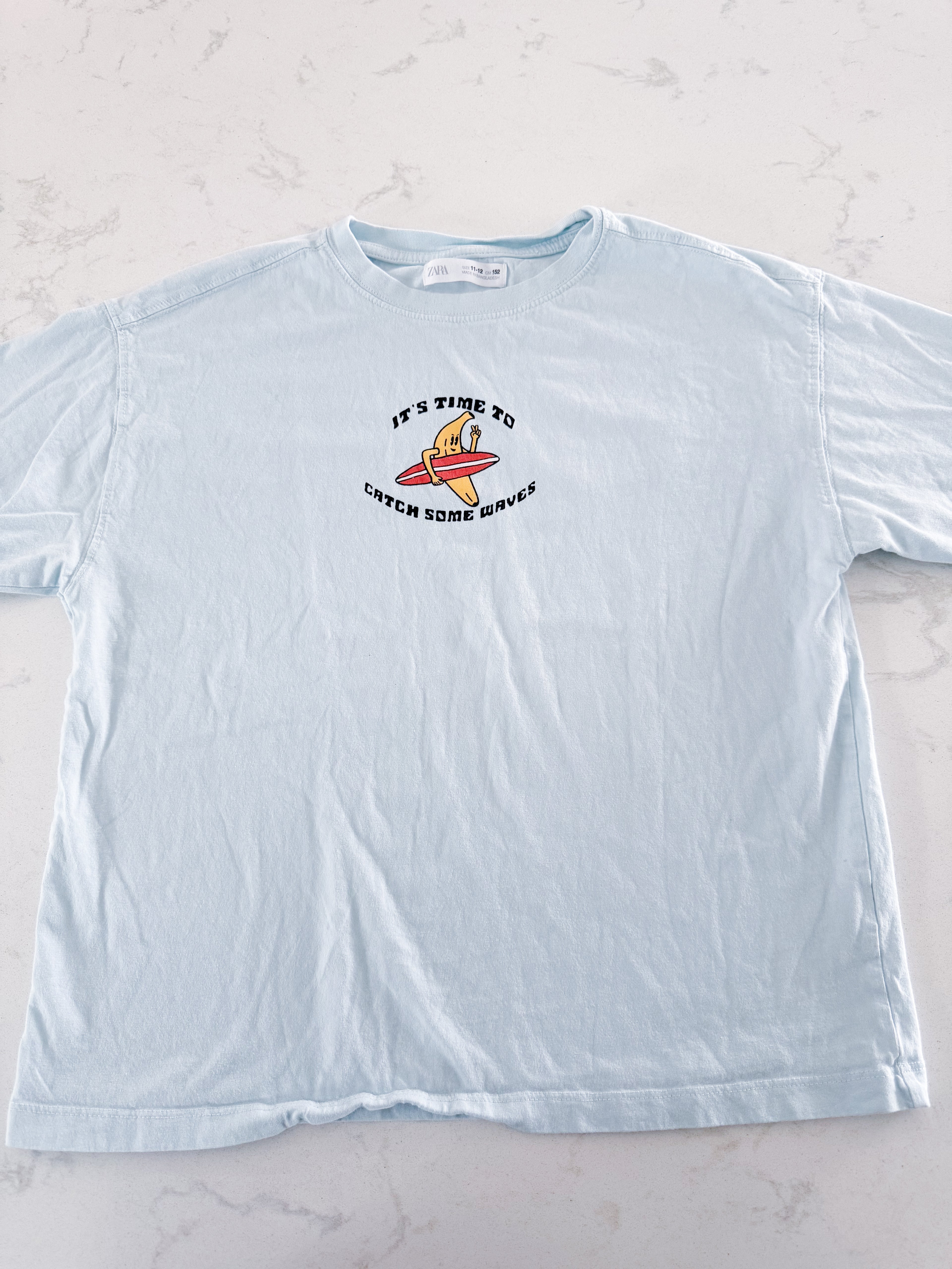 Zara- 11-12Y- GUC- ice blue banana surf t shirt