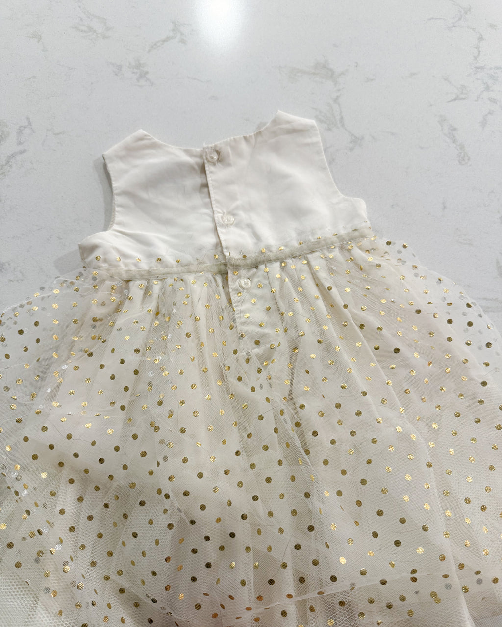 Carter’s- 12m- GUC- cream coloured tulle gold polka dot sparkle dress