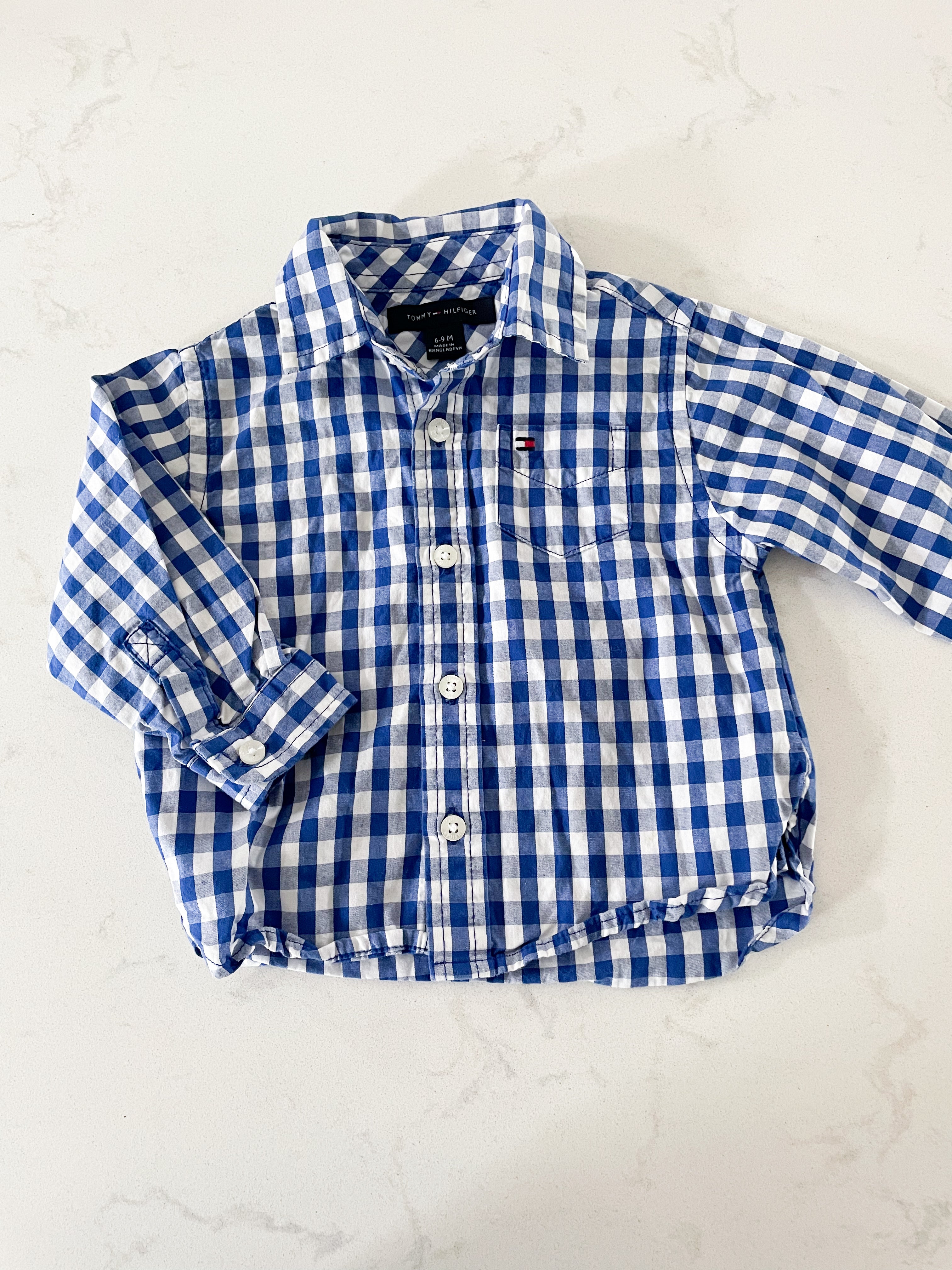 Tommy Hilfiger- 6-9 months- white and blue plaid button up