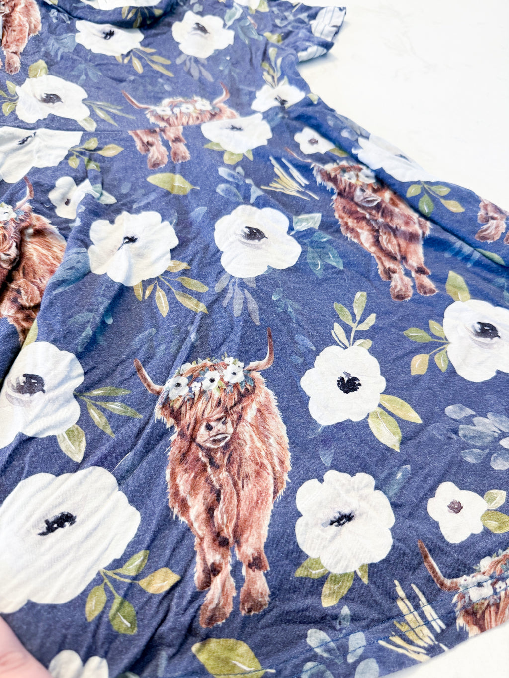Vi and Jax- 2-3Y- PLAY- dark purple short sleeve bamboo dress with highland cow pattern