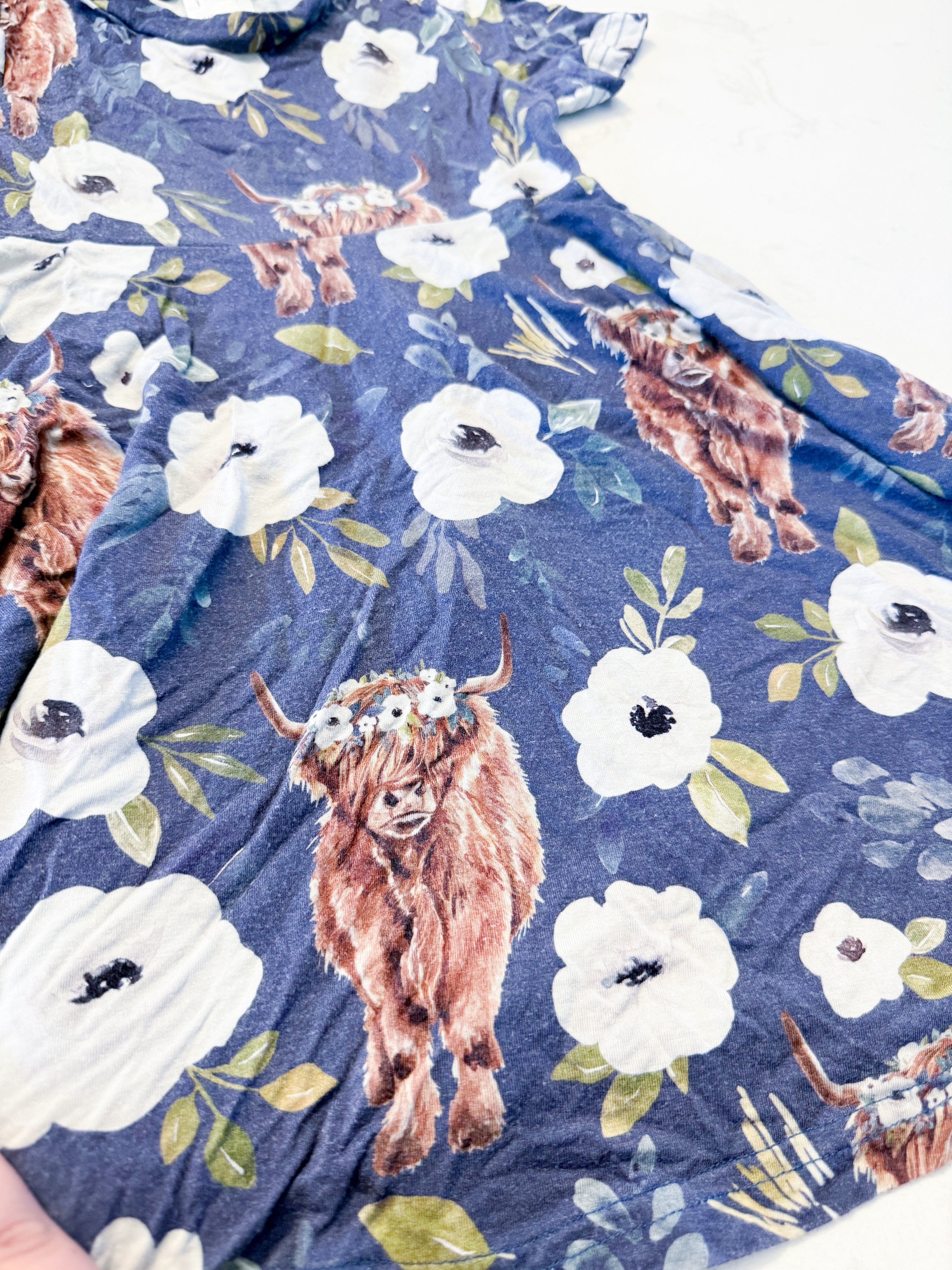 Vi and Jax- 2-3Y- PLAY- dark purple short sleeve bamboo dress with highland cow pattern