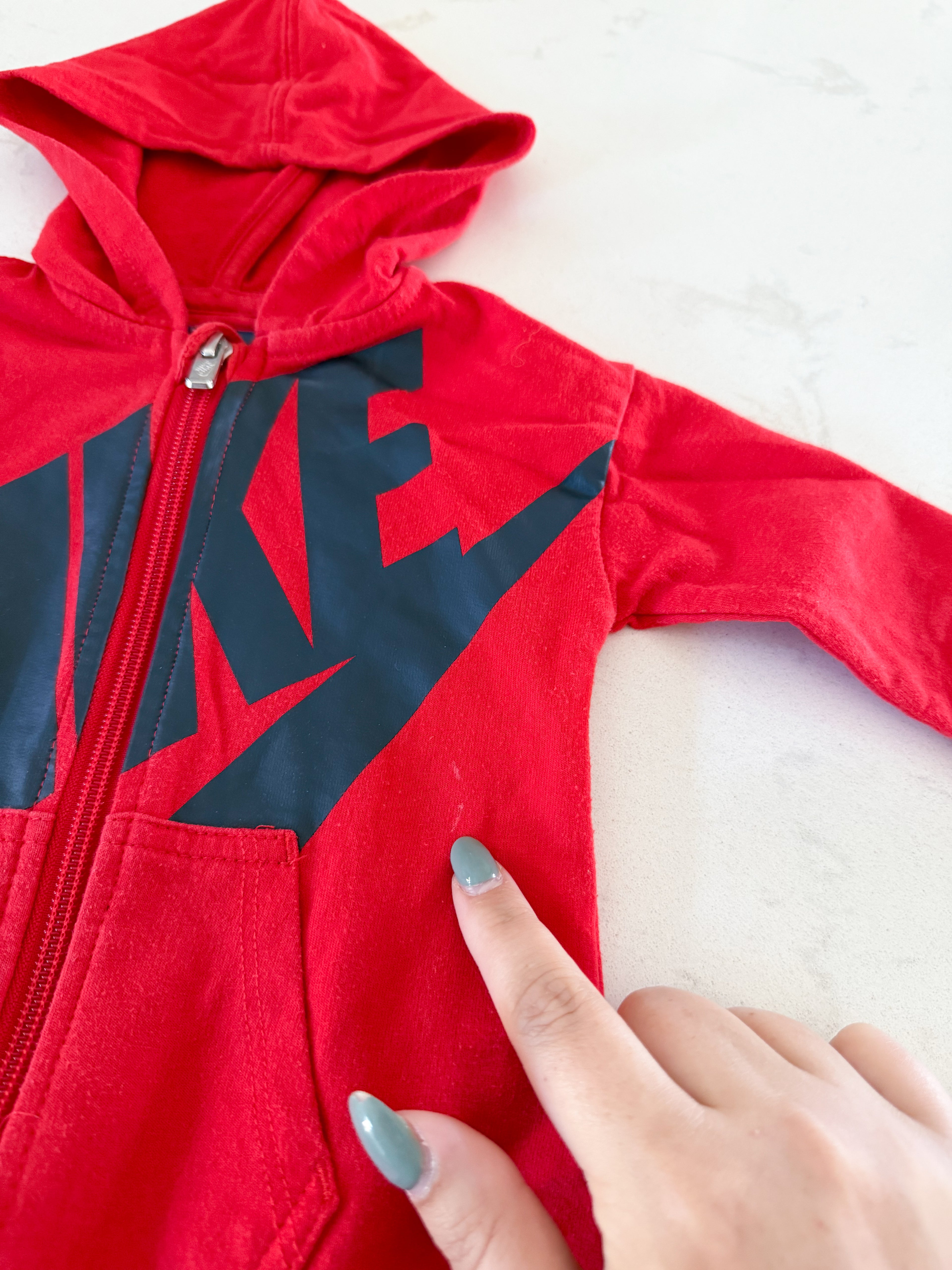 Nike- 6-9m- PLAY- red hooded romper outfit