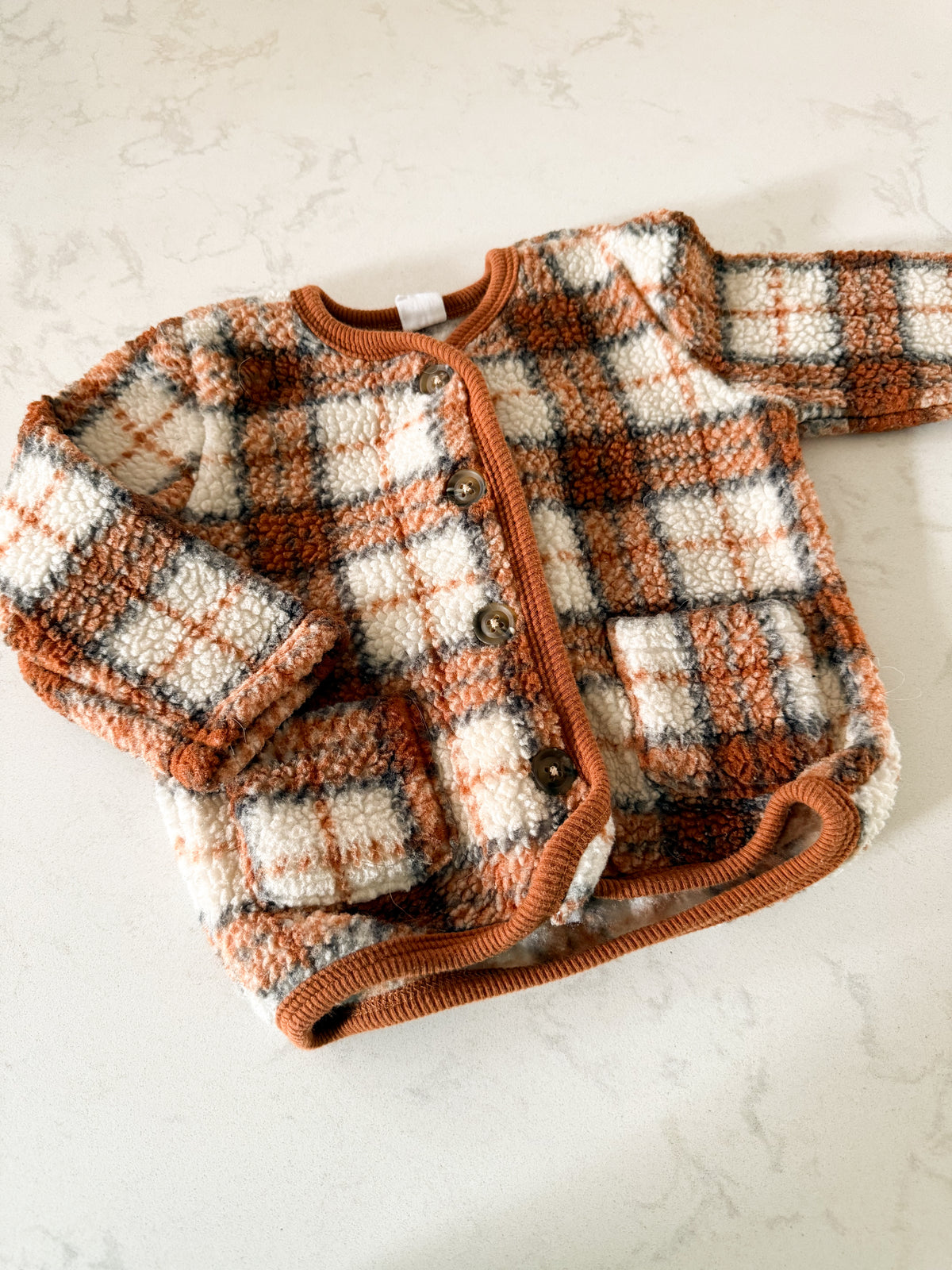 PL Baby- 12m- VGUC- brown and white plaid Sherpa button up jacket