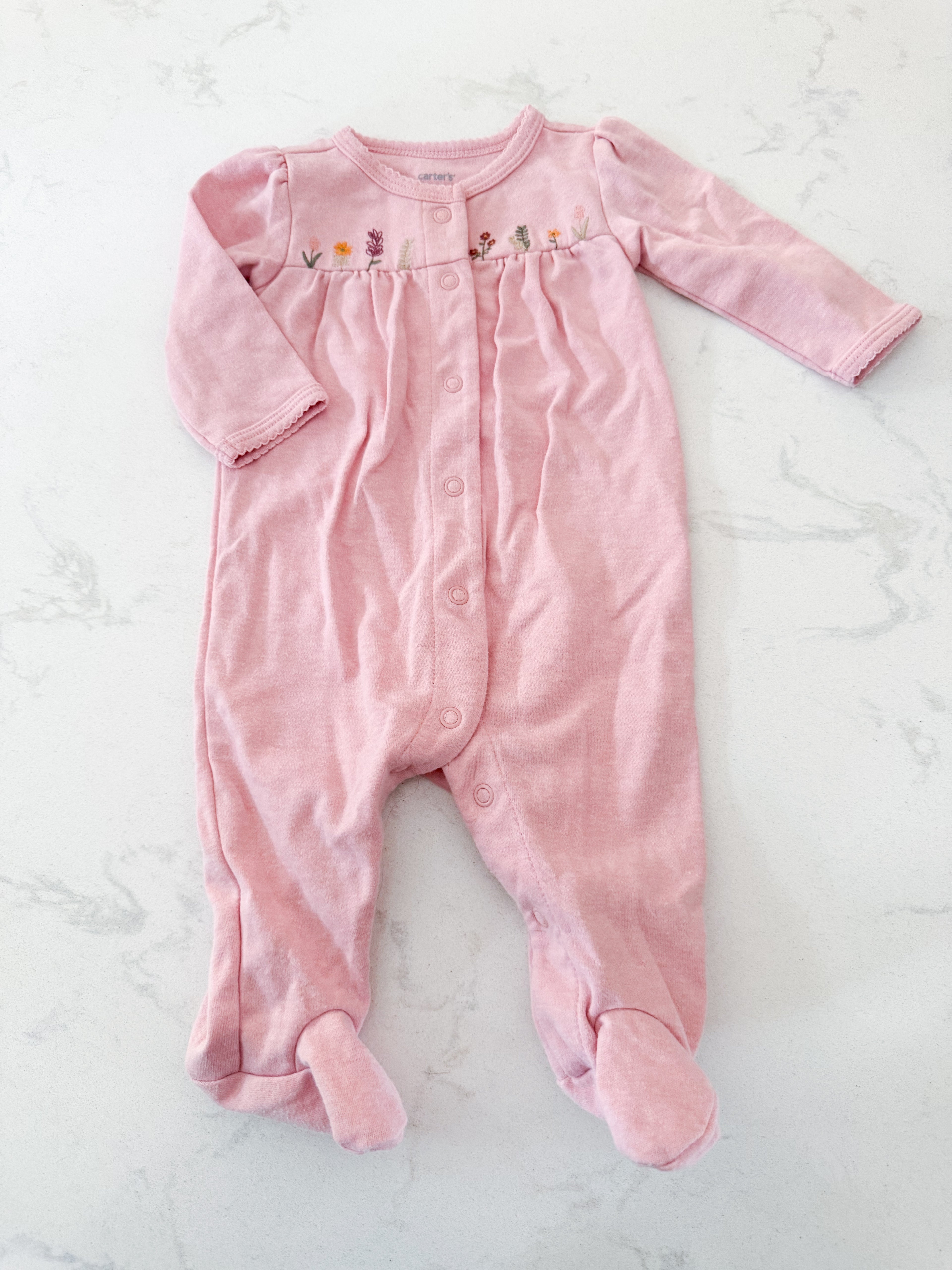 Carters- 3m- GUC- pink footie Jammies with embroidered flowers