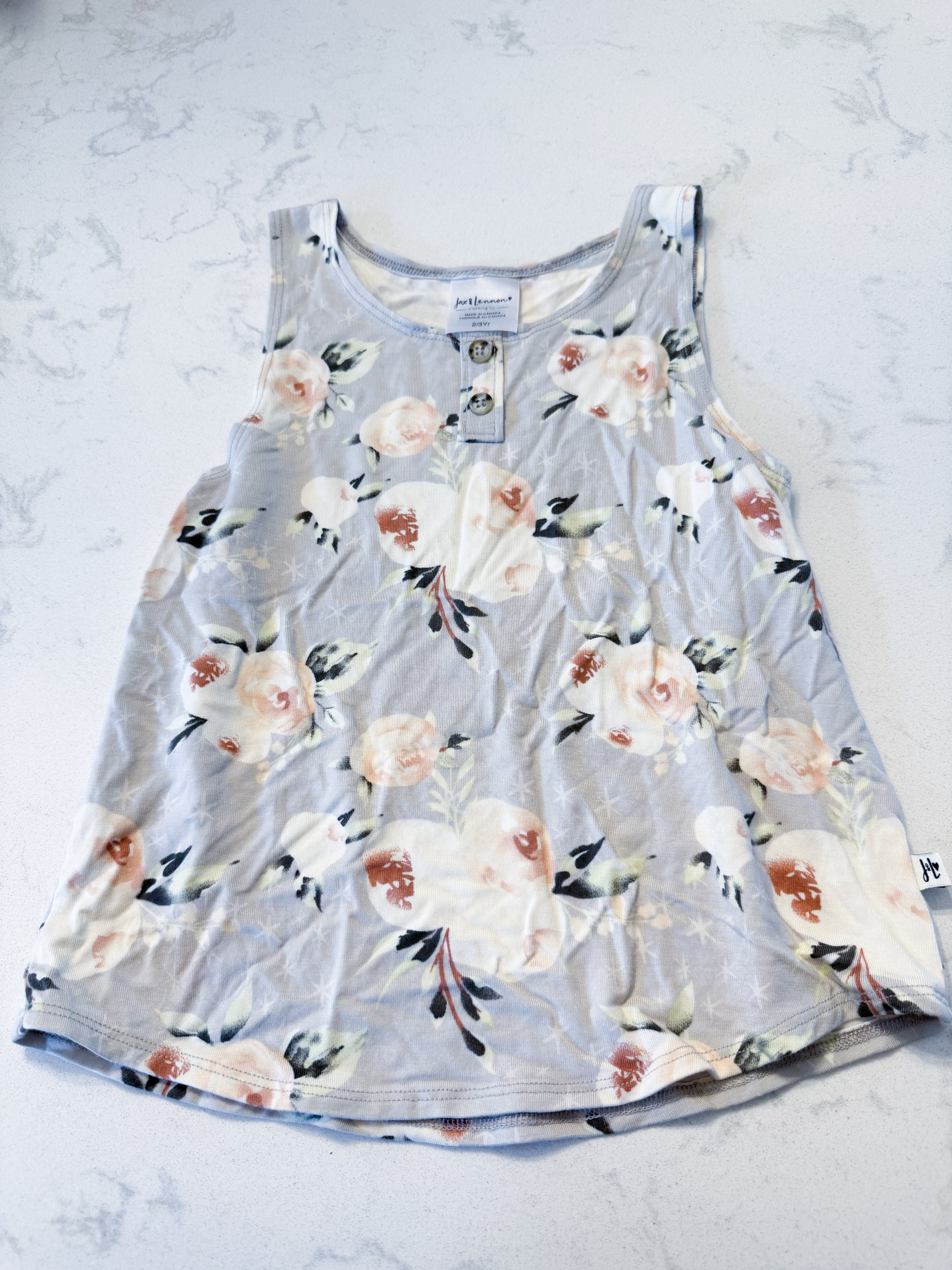 Jax and Lennon- 2/3Y- VGUC- light grey bamboo tank with rose pattern