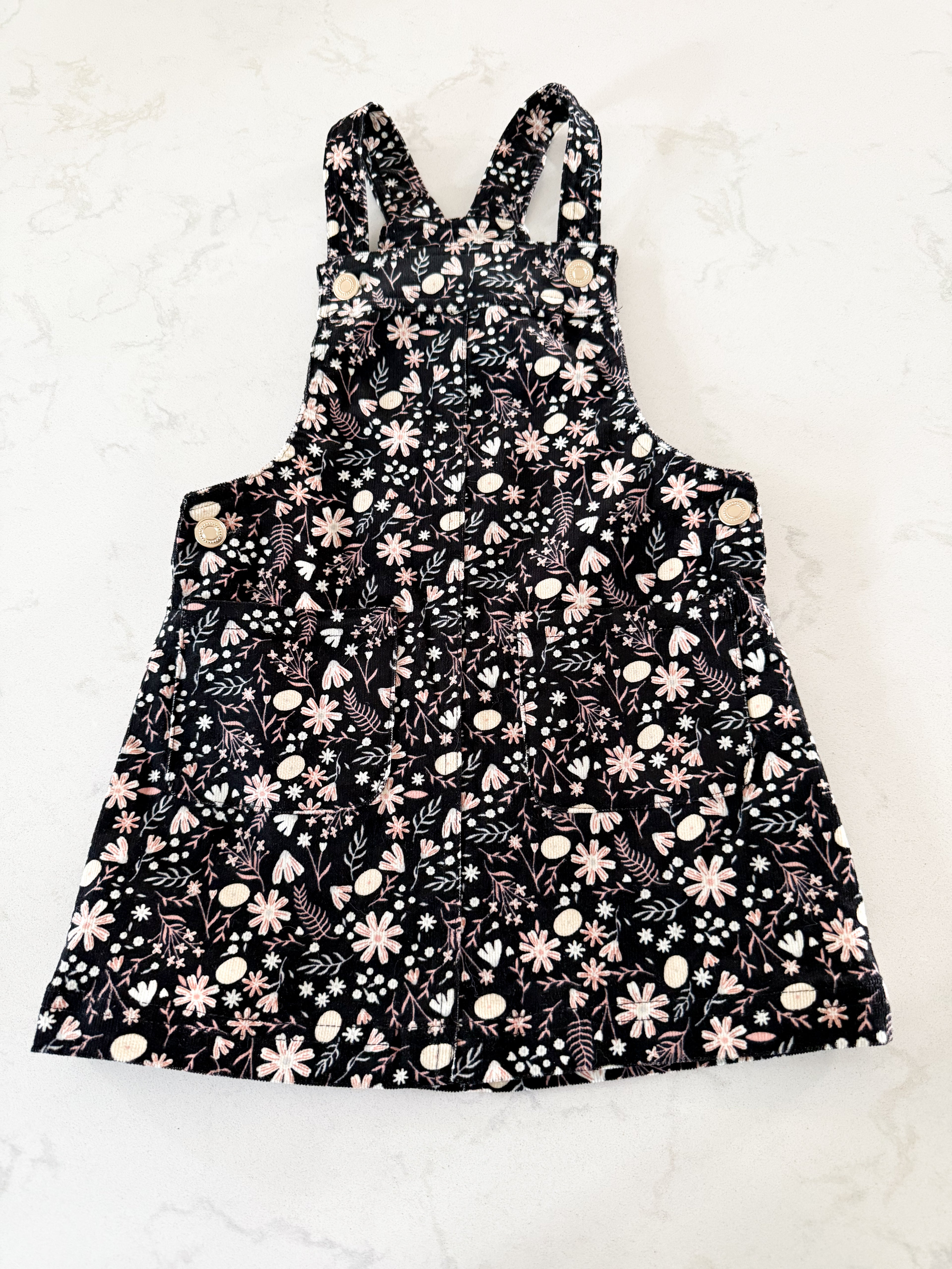 No brand- 2T- VGUC- black corduroy dress overall with floral pattern