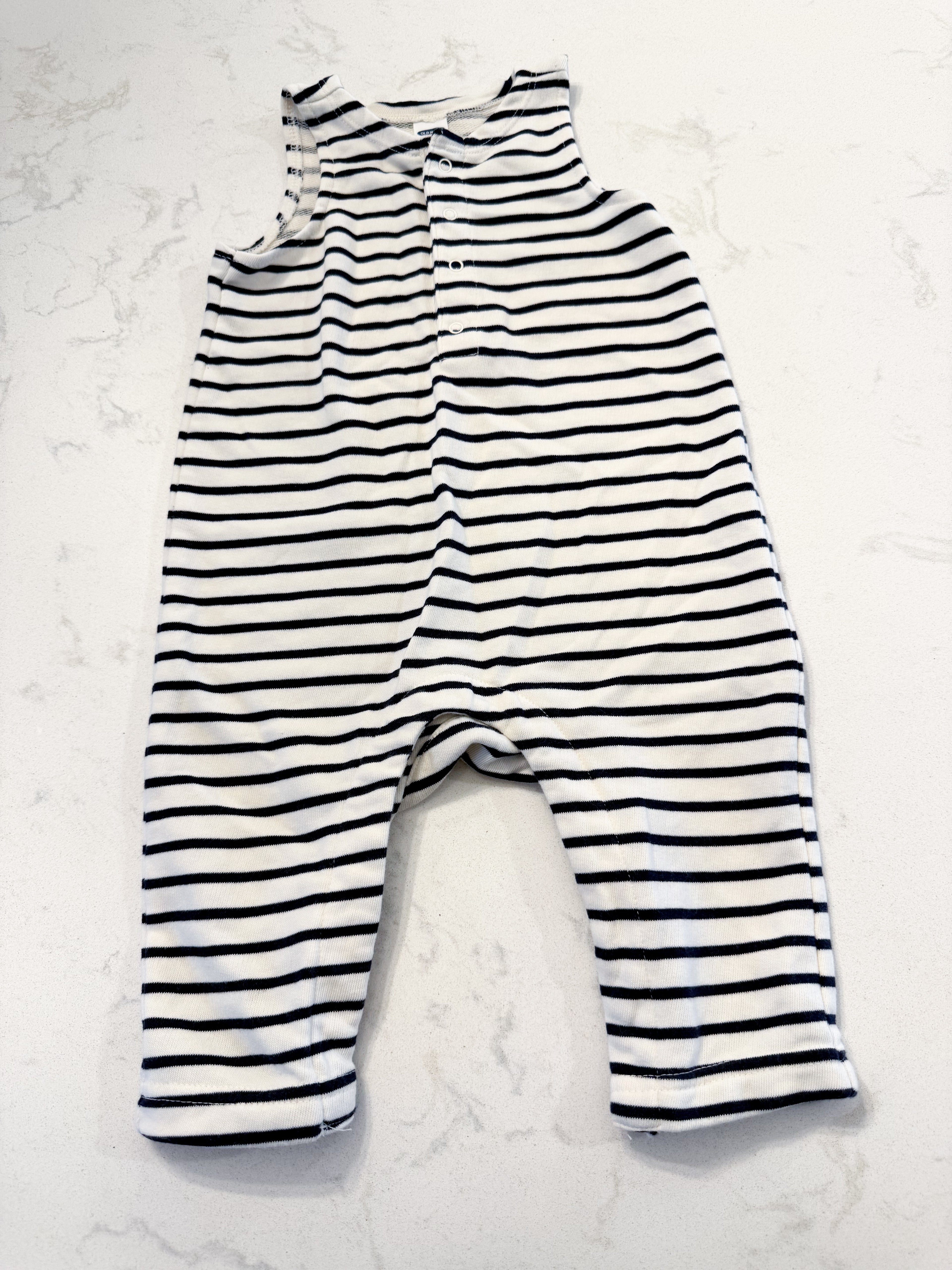 Old Navy- 6-12m- VGUC- white and black striped tank romper