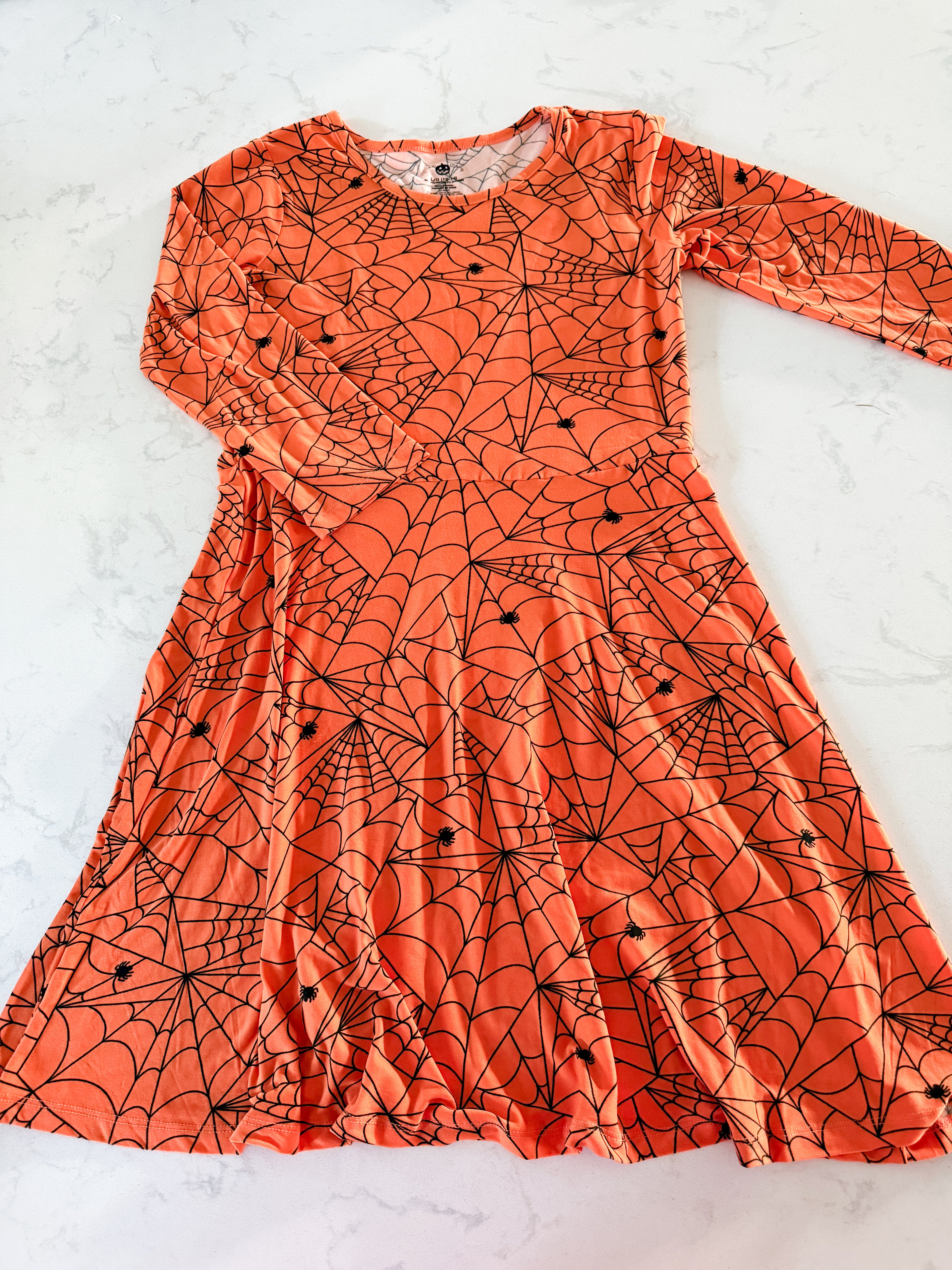 No brand- 12-14Y- VGUC- orange long sleeve dress with spiders and webs