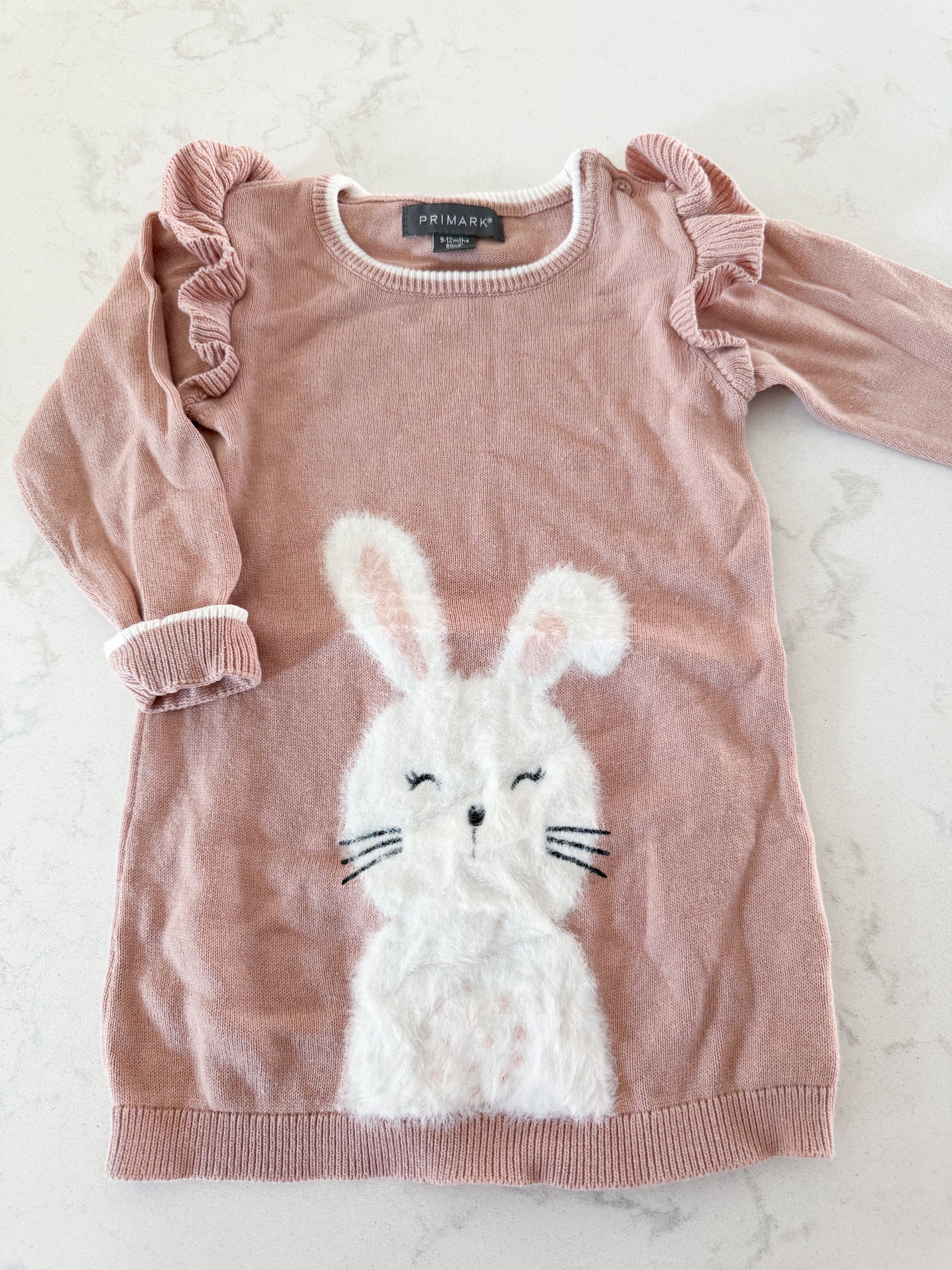 Primark- 9-12m- VGUC- dusty rose knit dress with fuzzy bunny