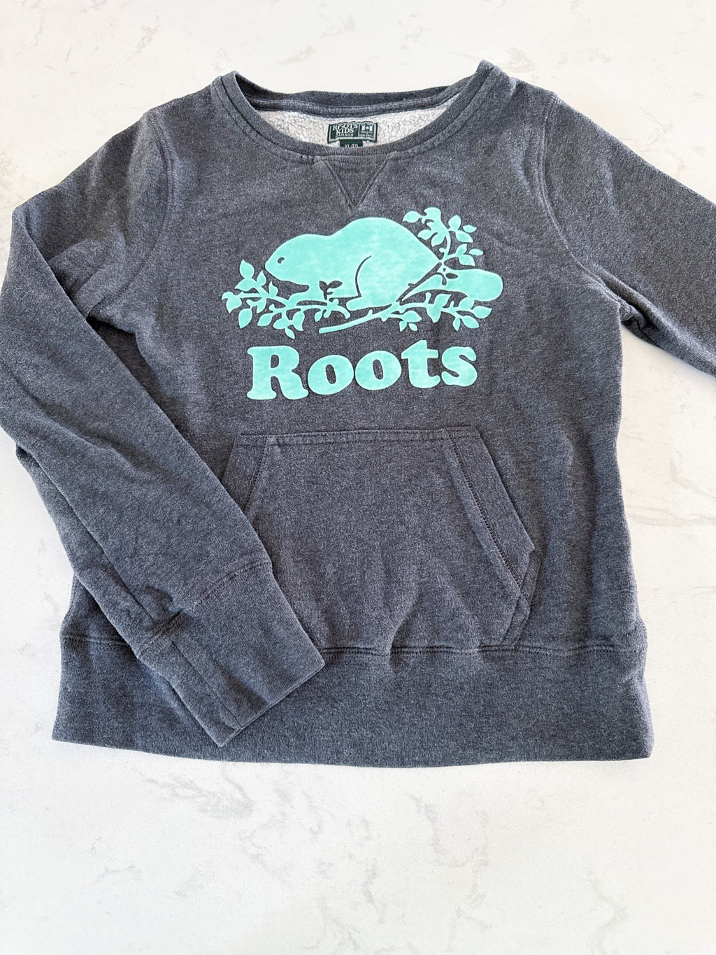 Roots- 11-12Y- GUC- grey crewneck with aqua logo