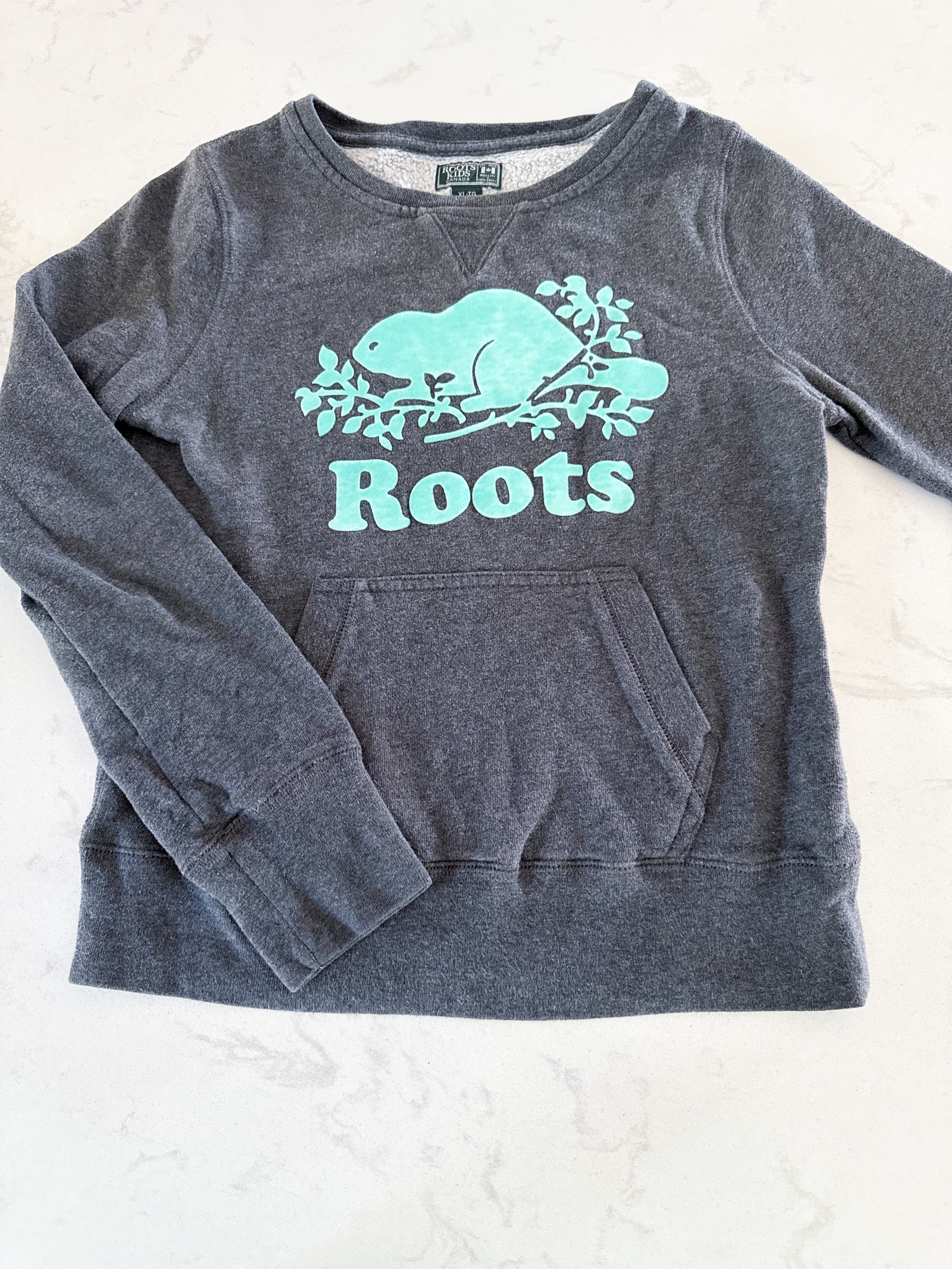 Roots- 11-12Y- GUC- grey crewneck with aqua logo