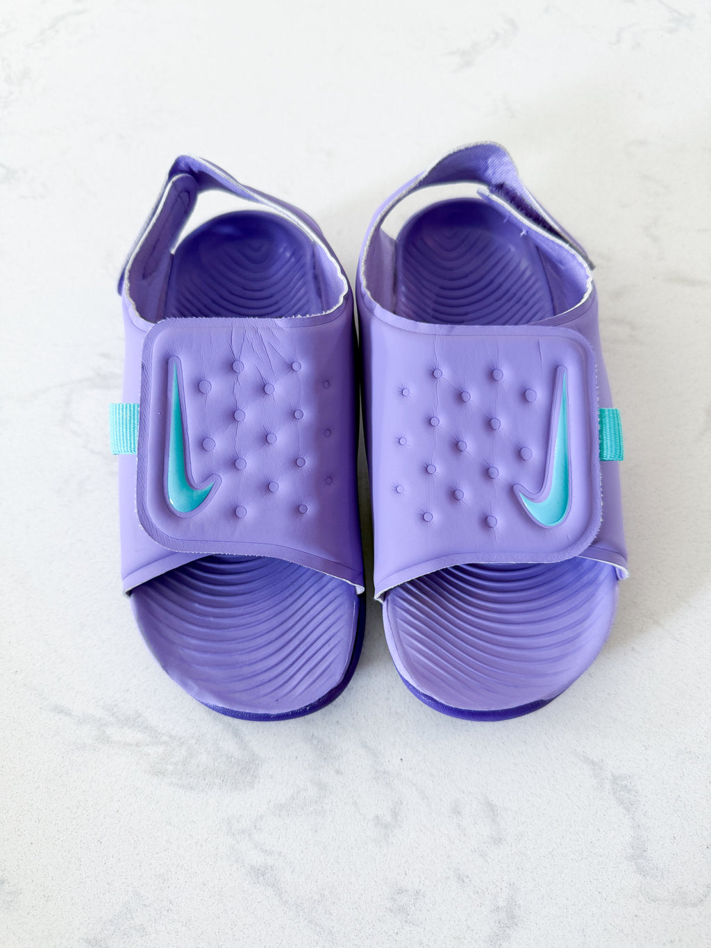 Nike- 10C- VGUC- purple Velcro sandals with teal accents