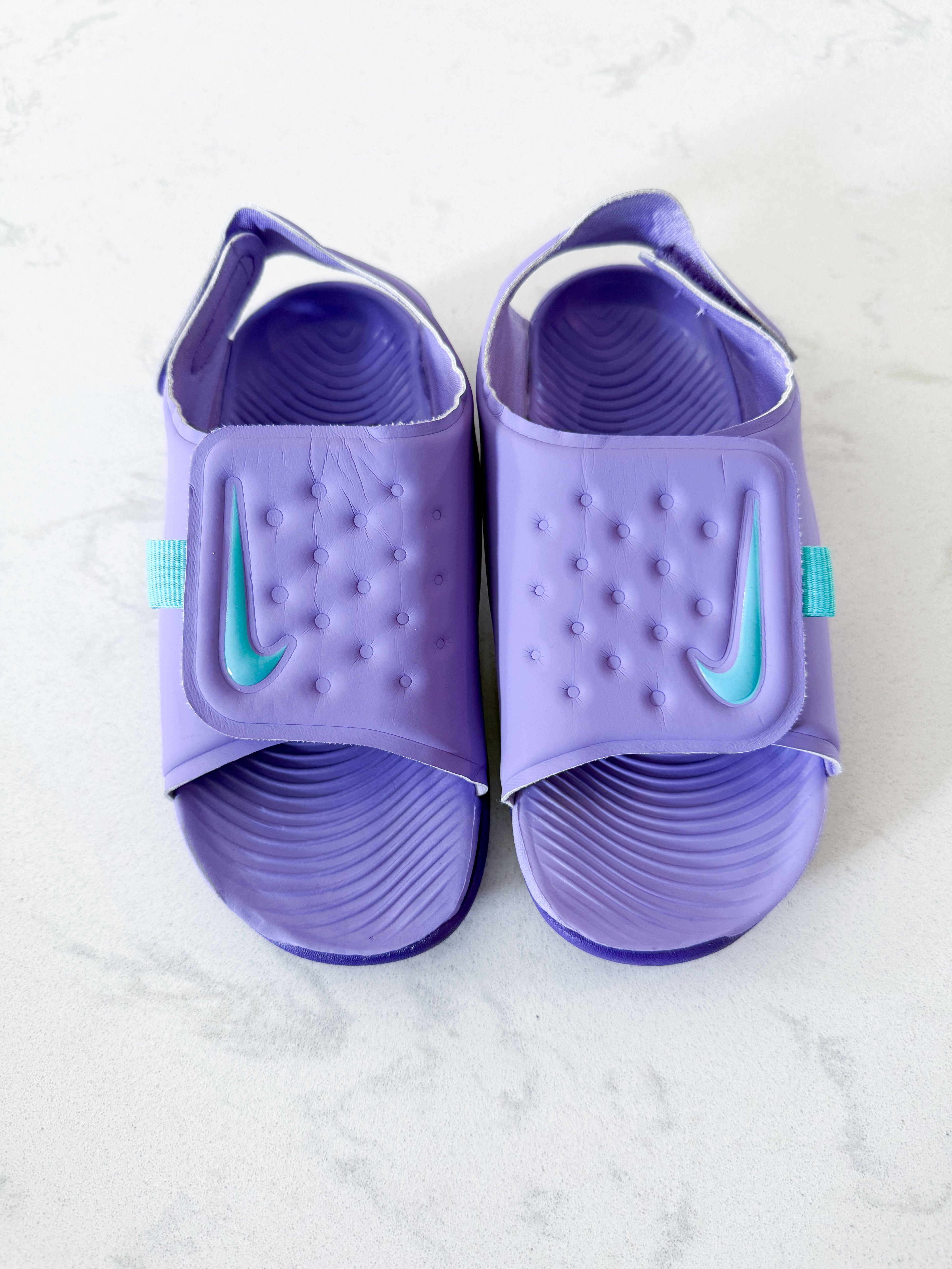 Nike- 10C- VGUC- purple Velcro sandals with teal accents