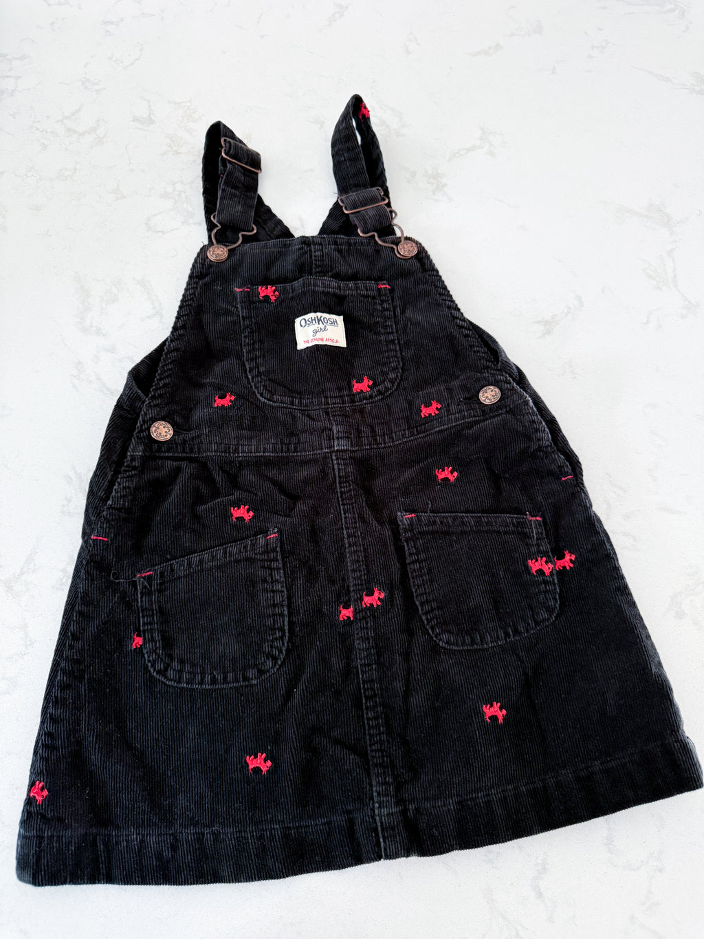 Oshkosh (1996-2002)- 5T- GUC- black corduroy overall dress with embroidered red dogs