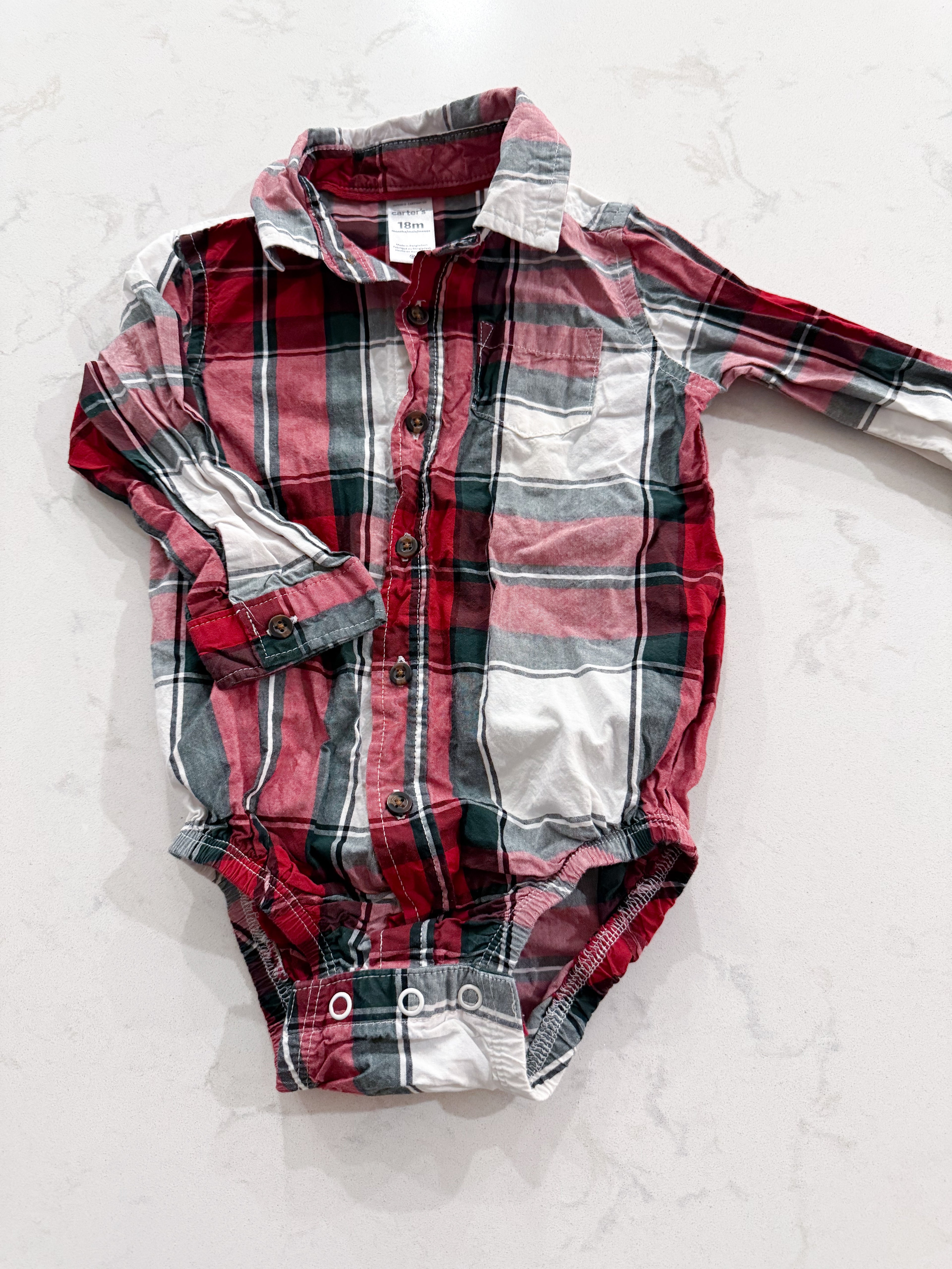 Carter’s- 18m- VGUC- red and green plaid bodysuit