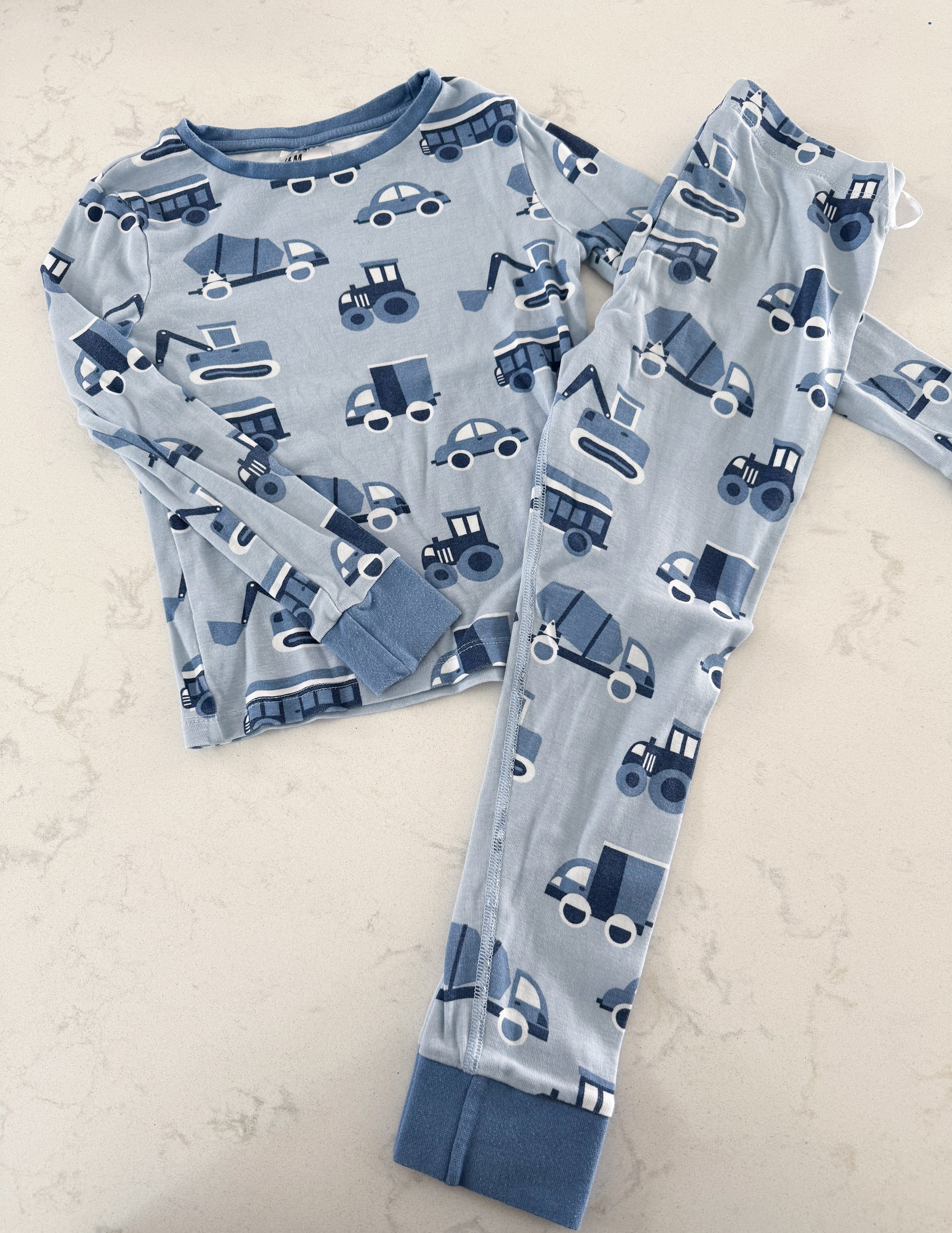H&M- 8Y- EUC- light blue with construction trucks jammies