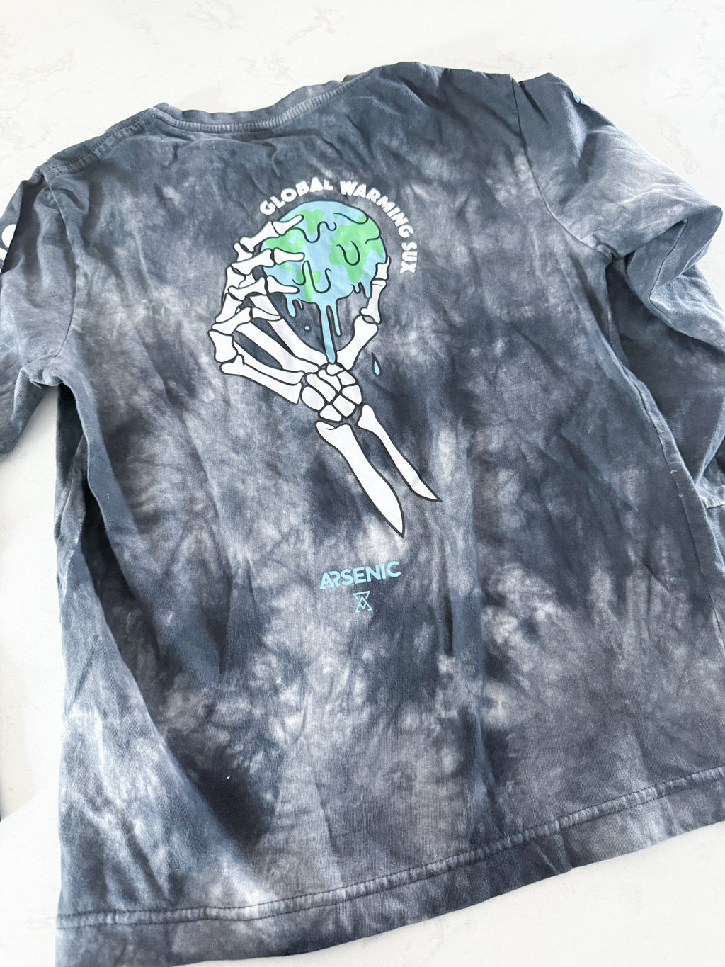 Arsenic- fits 8-10Y- GUC- tie dye grey long sleeve with global warming sux quote