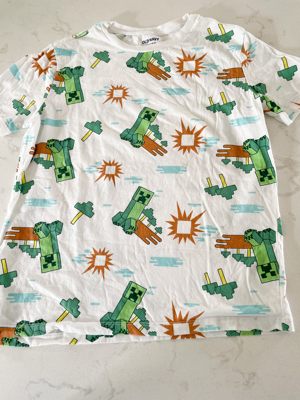 Old Navy- 14-16Y- white t shirt with Minecraft creepers all over