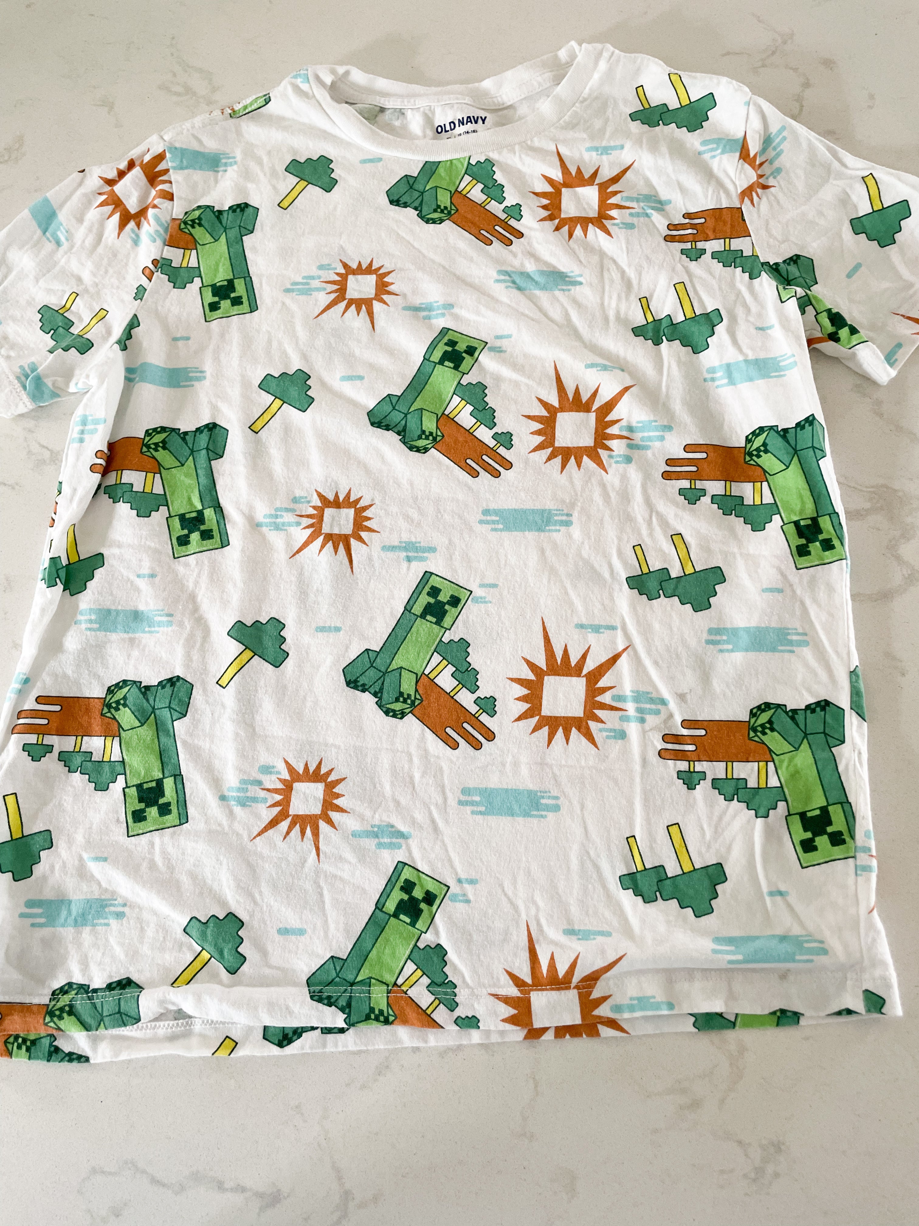 Old Navy- 14-16Y- white t shirt with Minecraft creepers all over