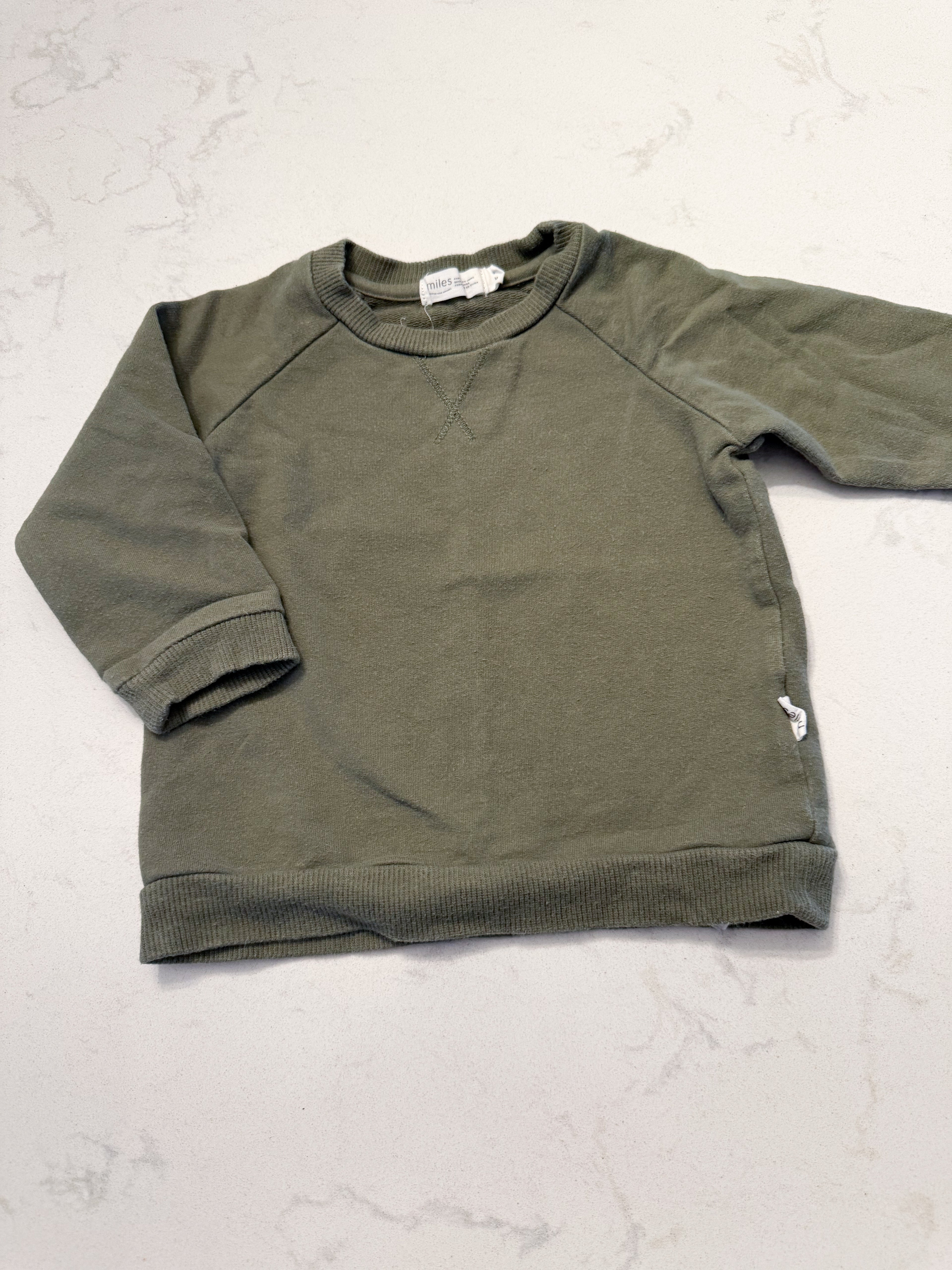 Miles the Label- 9m- GUC- olive green crewneck sweater