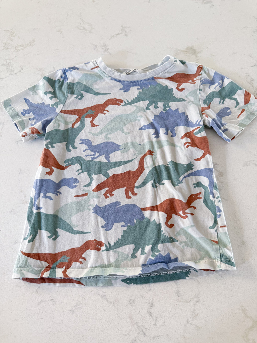H&M- 5-6T- PLAY- white t shirt with green blue and brown dinos