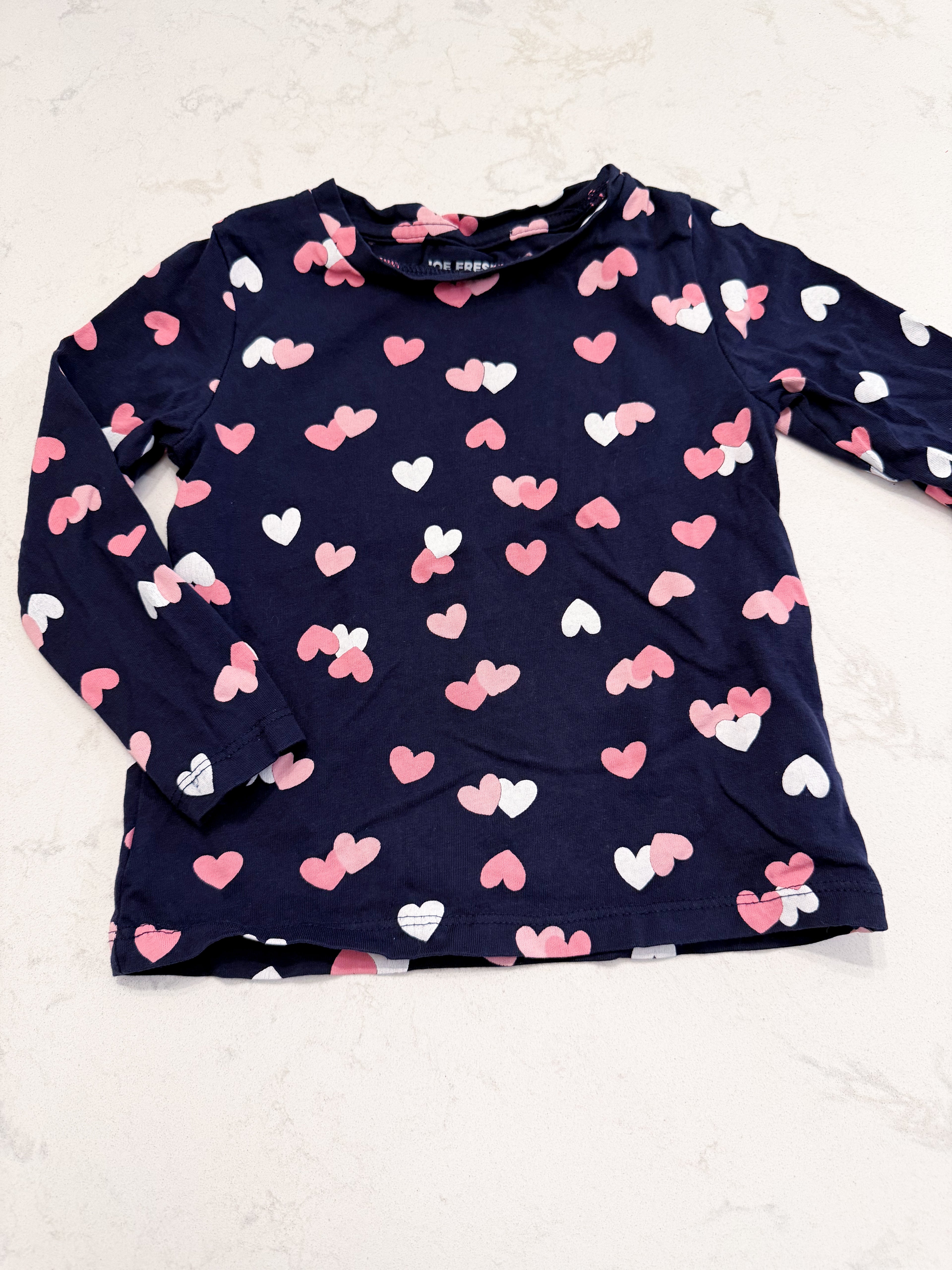 Joe fresh- 3T- VGUC- long sleeve navy blue shirt with pink and white hearts