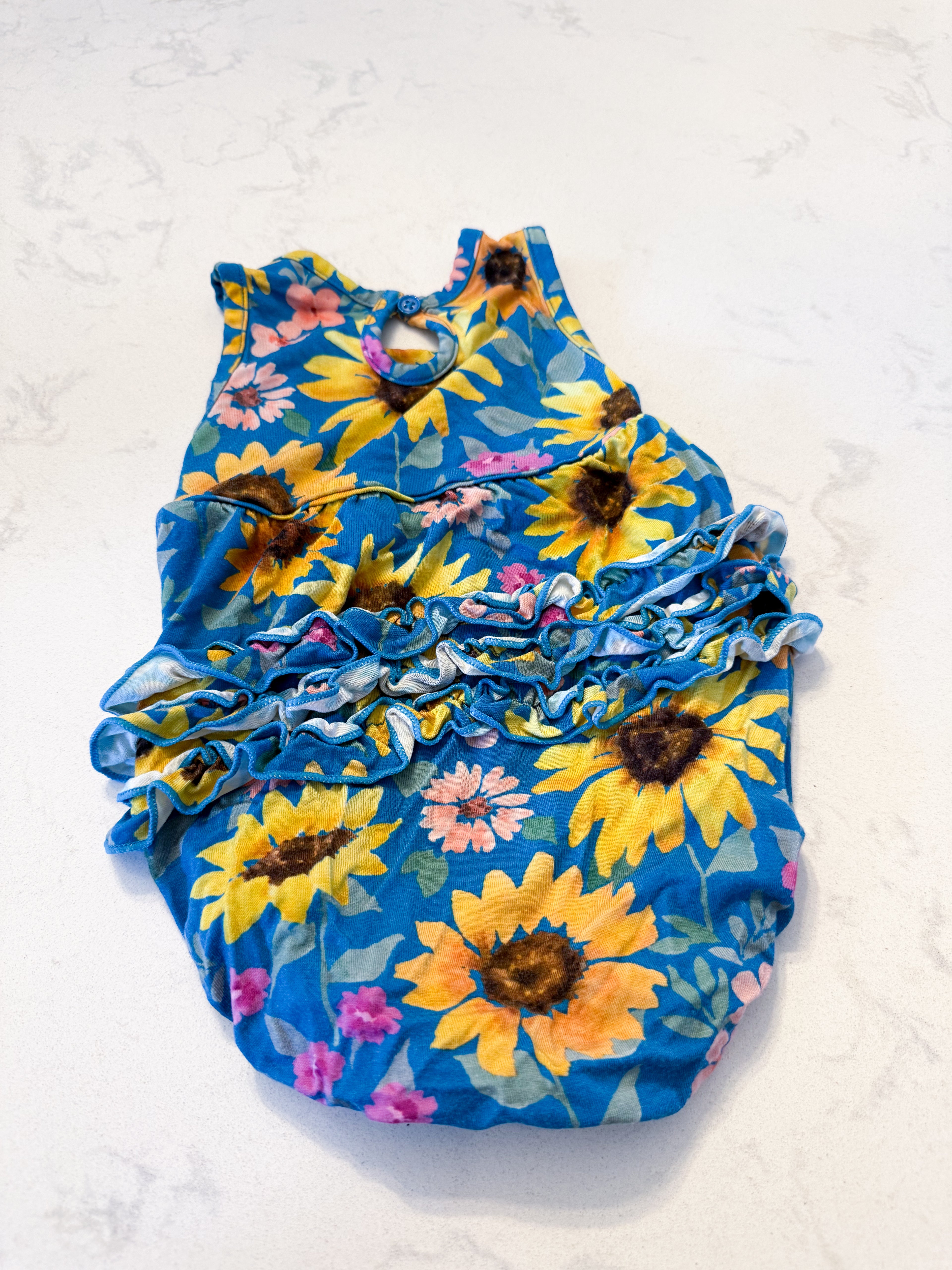 Little Sleepies (Play Collection)- 3-6m- VGUC- blue tank bubble romper with sunflowers and ruffle bum