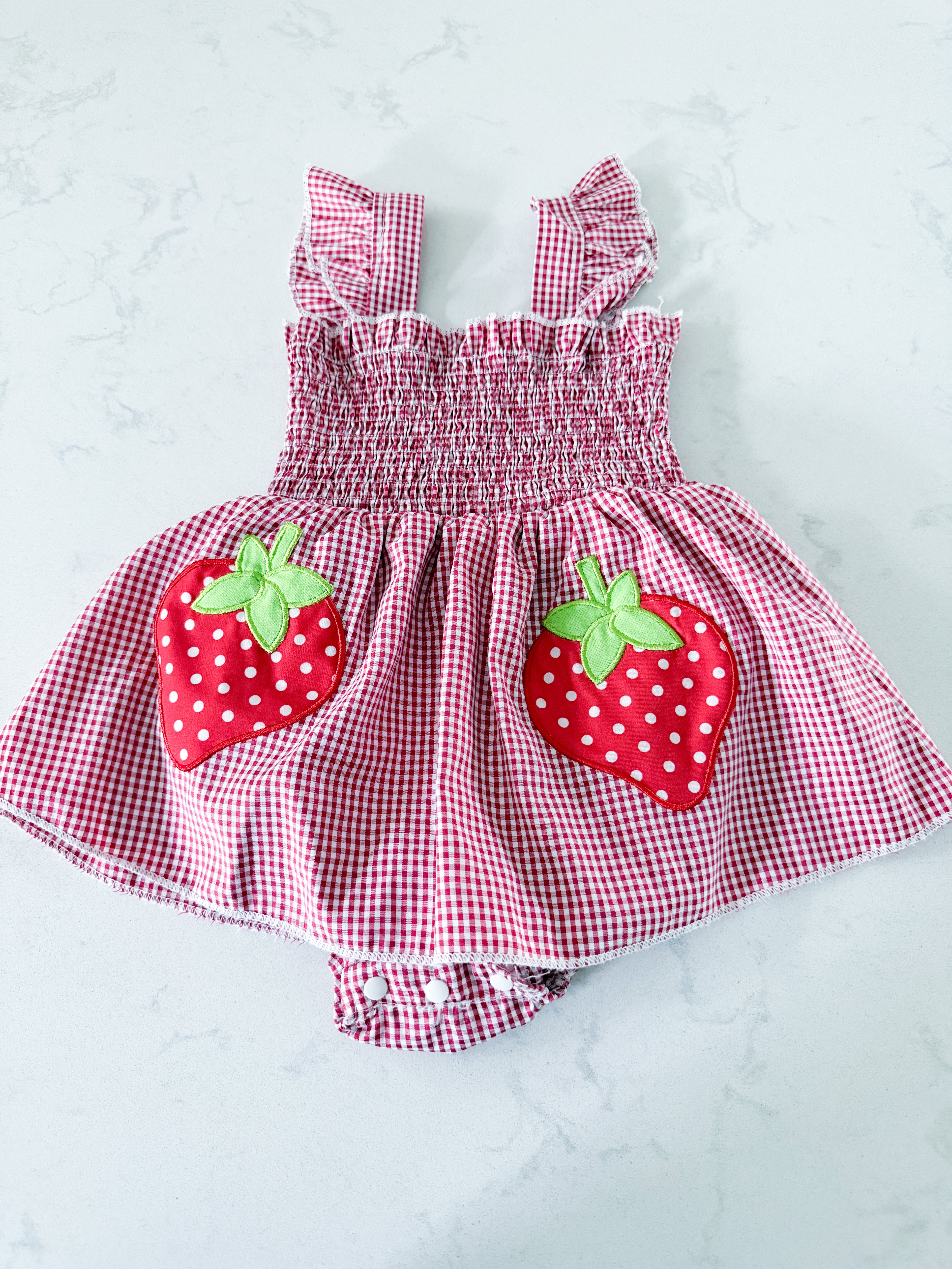 No brand- fits 12-18m- VGUC- red gingham dress with embroidered strawberries