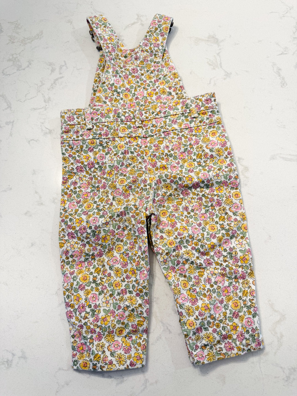 Carters- 12m- VGUC- yellow pink and green floral jean overalls